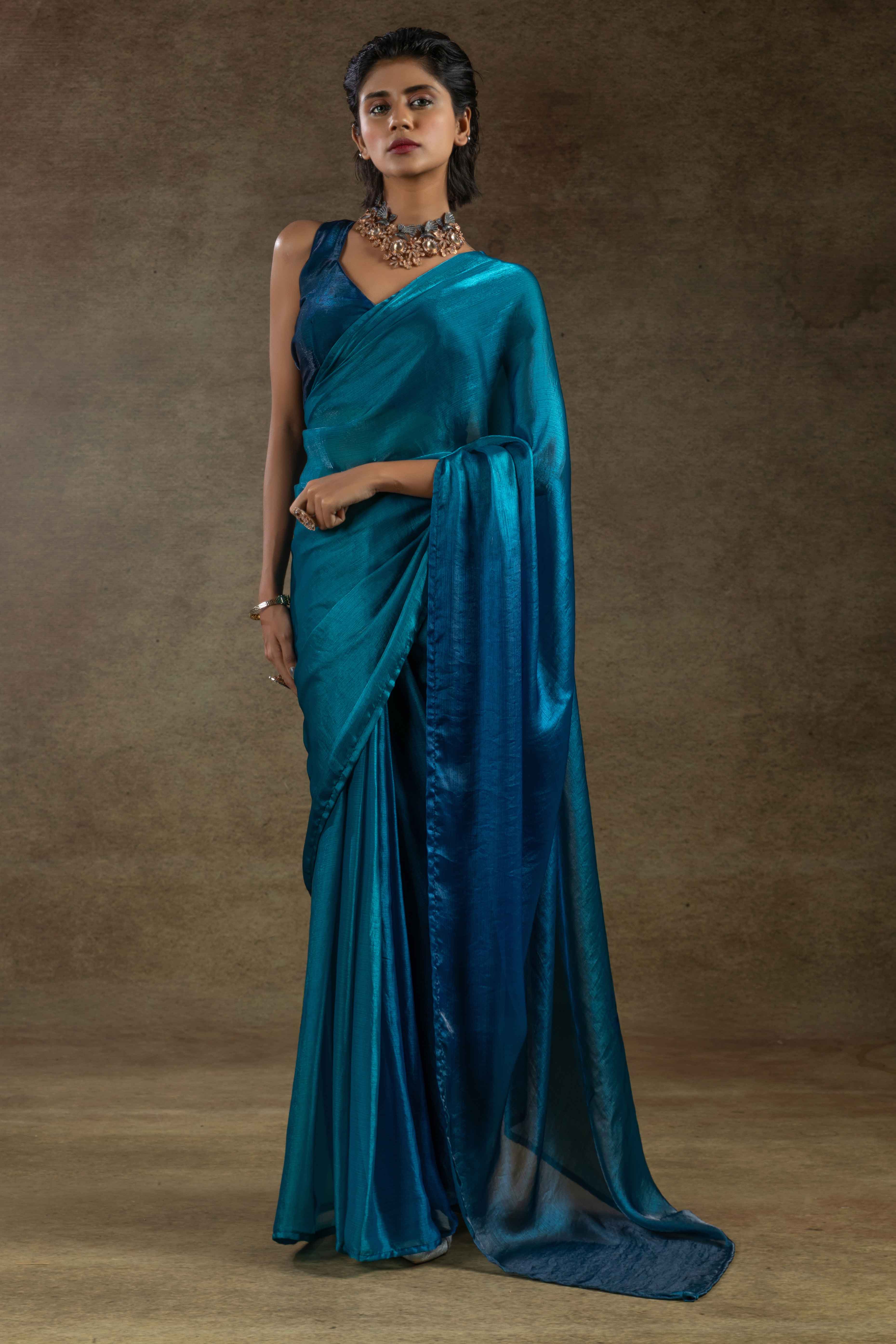 Sky Blue Ready-to-Wear Chiffon Saree in Minimal Solid Pattern for a Classy Vibe
