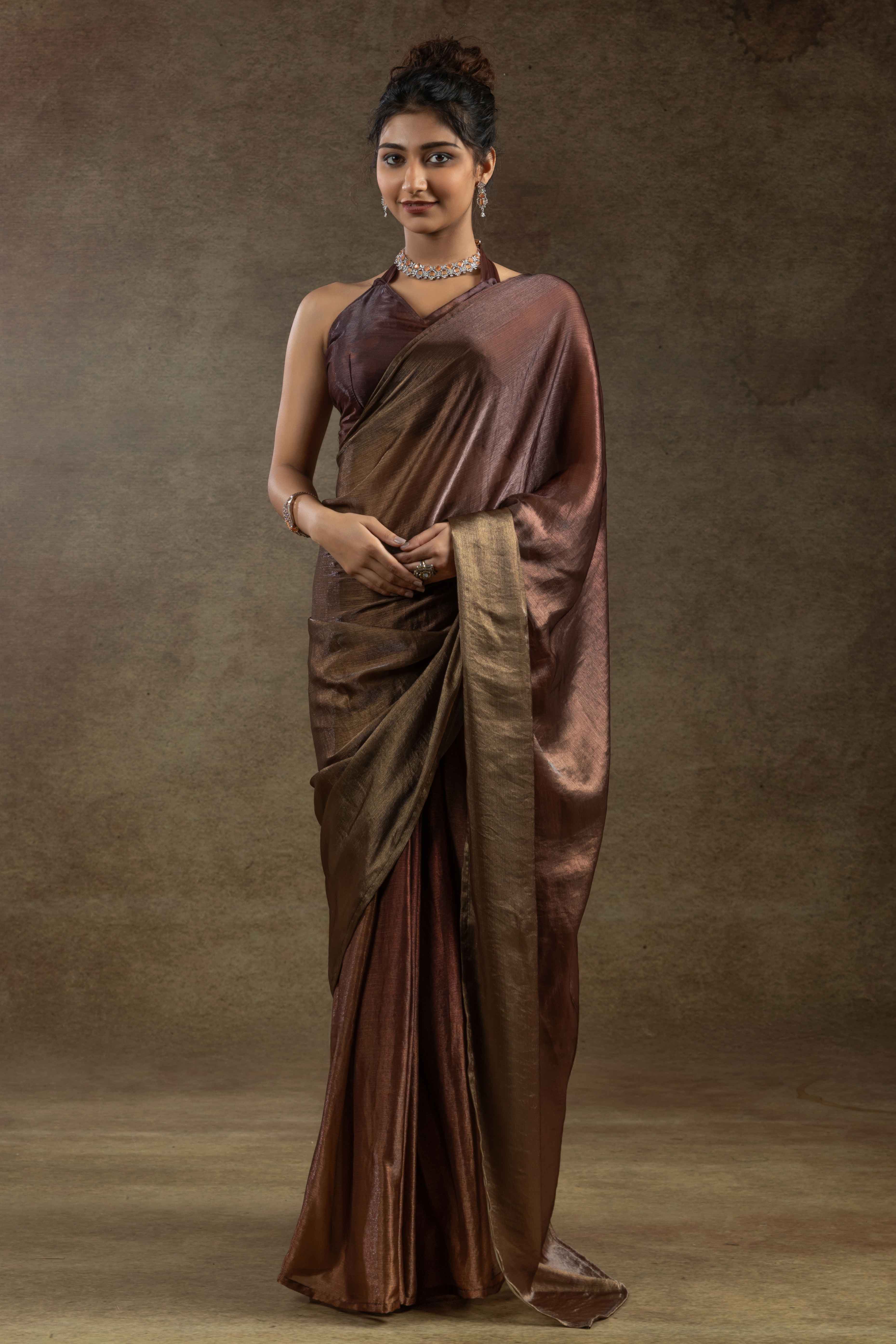 Coffee Brown Ready-to-Wear Chiffon Saree in Minimal Solid Pattern for a Classy Vibe