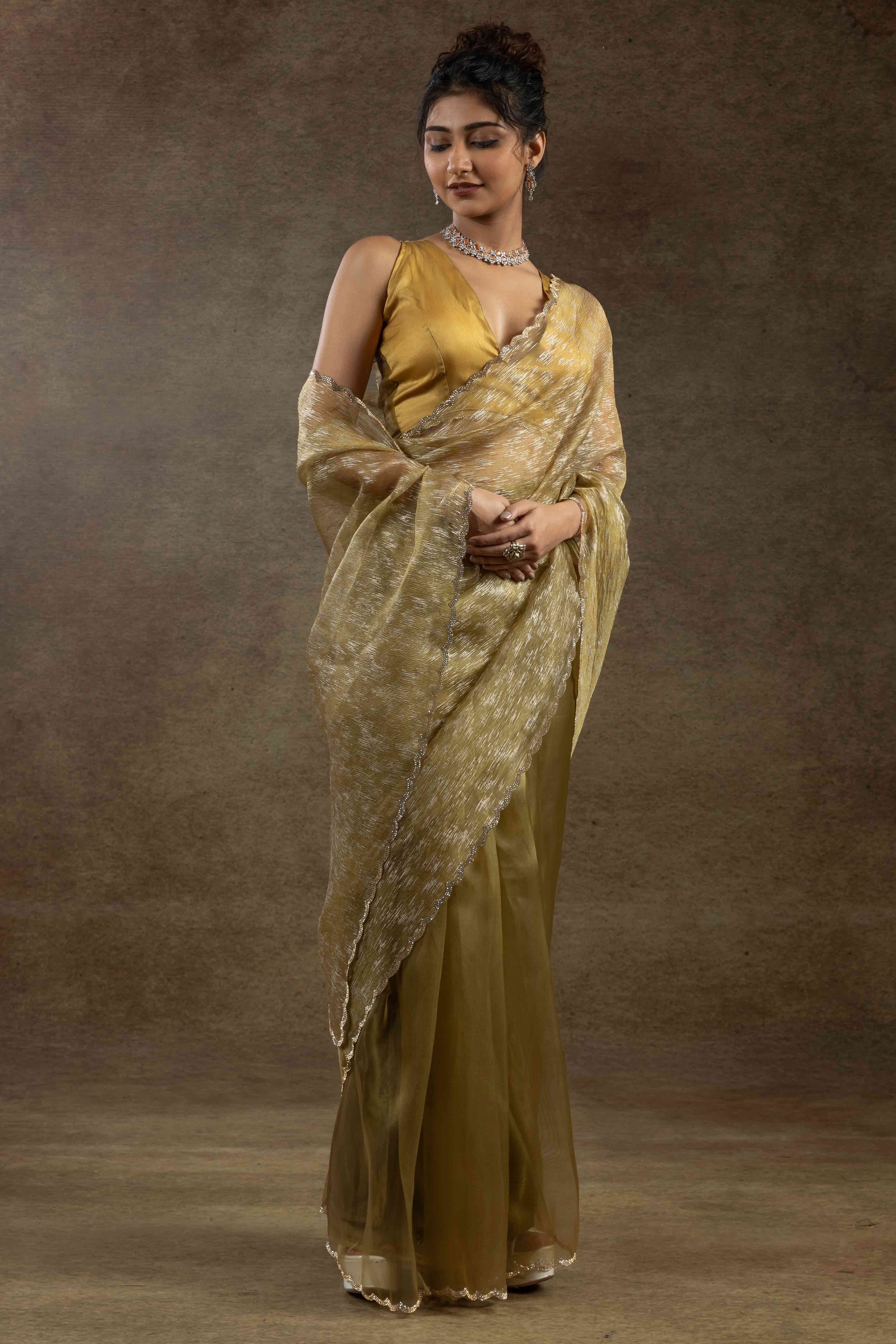Golden Yellow Crush Foil Print With Delicate Zarkan Border Organza Ready To Wear Saree