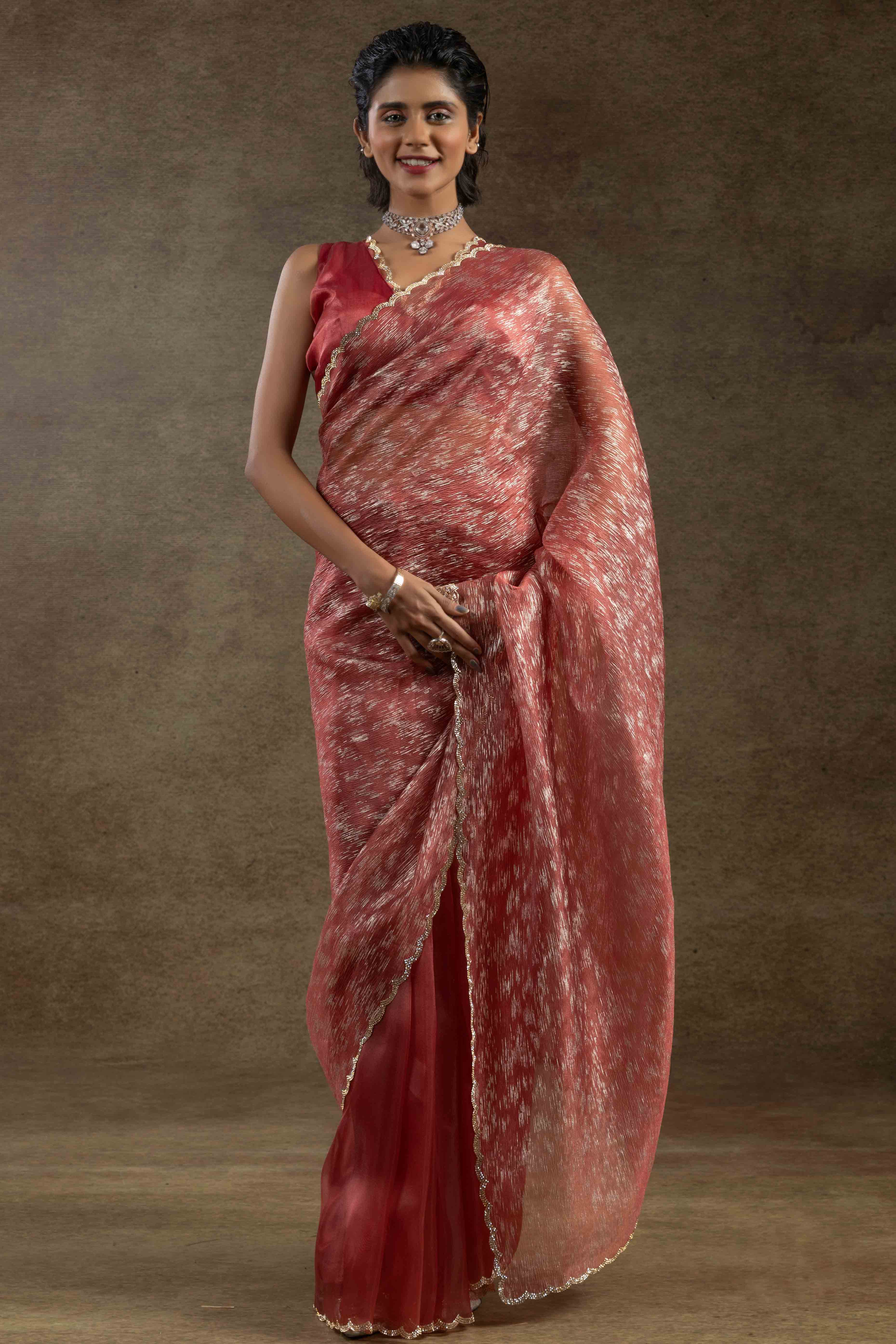 Dark Peach Crush Foil Print With Delicate Zarkan Border Organza Ready To Wear Saree