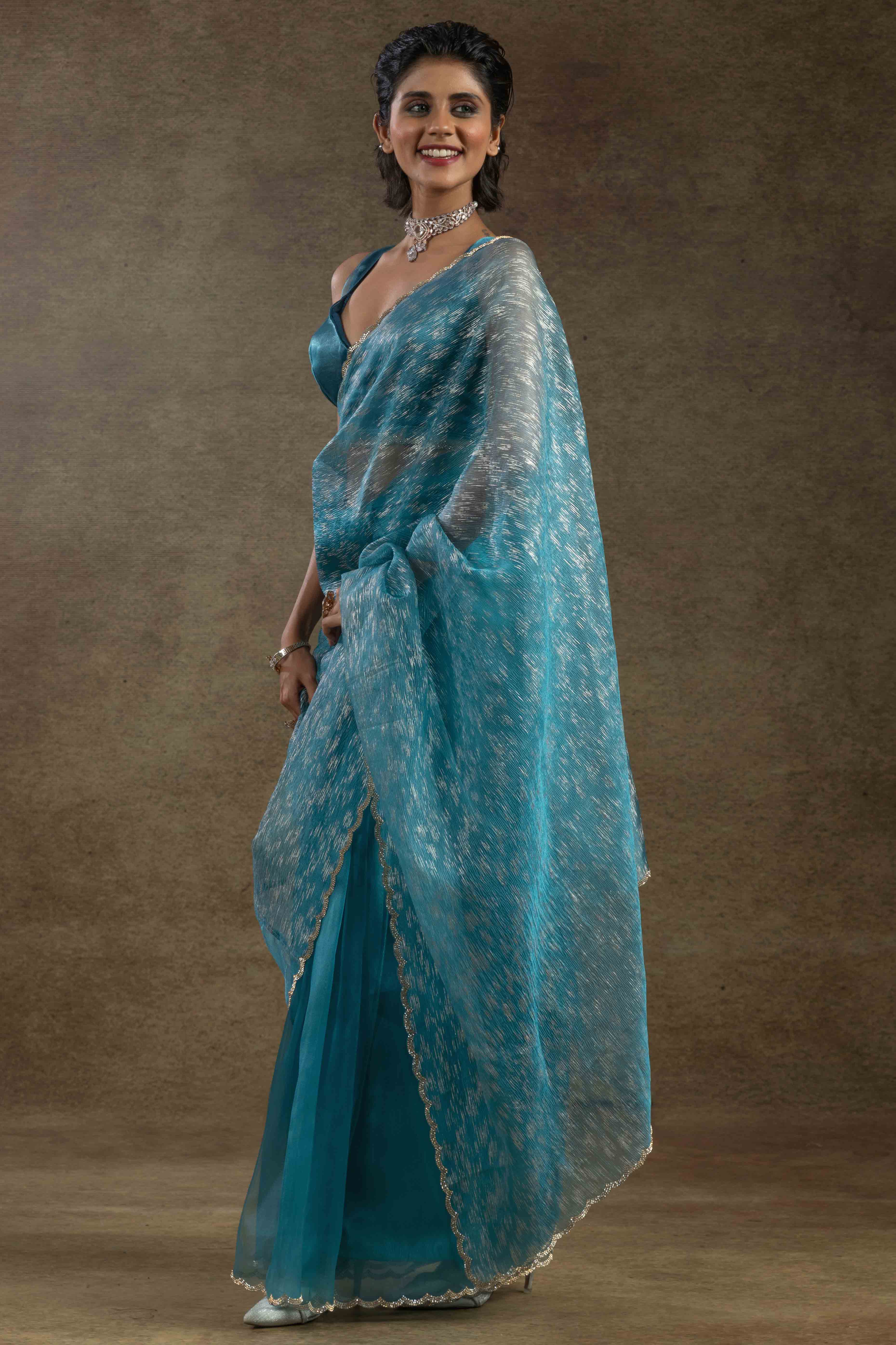 Blue Crush Foil Print With Delicate Zarkan Border Organza Ready To Wear Saree