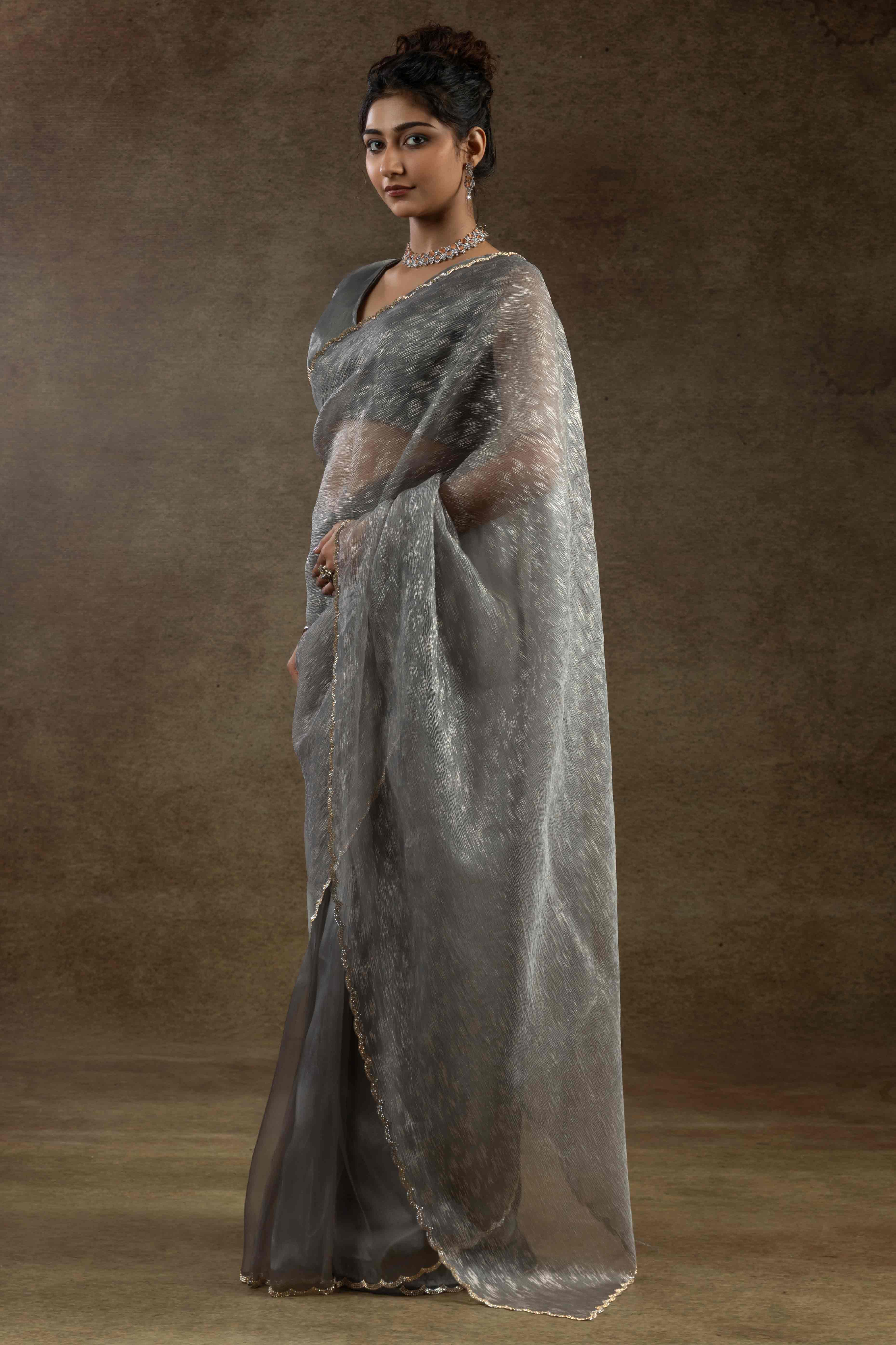 Grey Crush Foil Print With Delicate Zarkan Border Organza Ready To Wear Saree