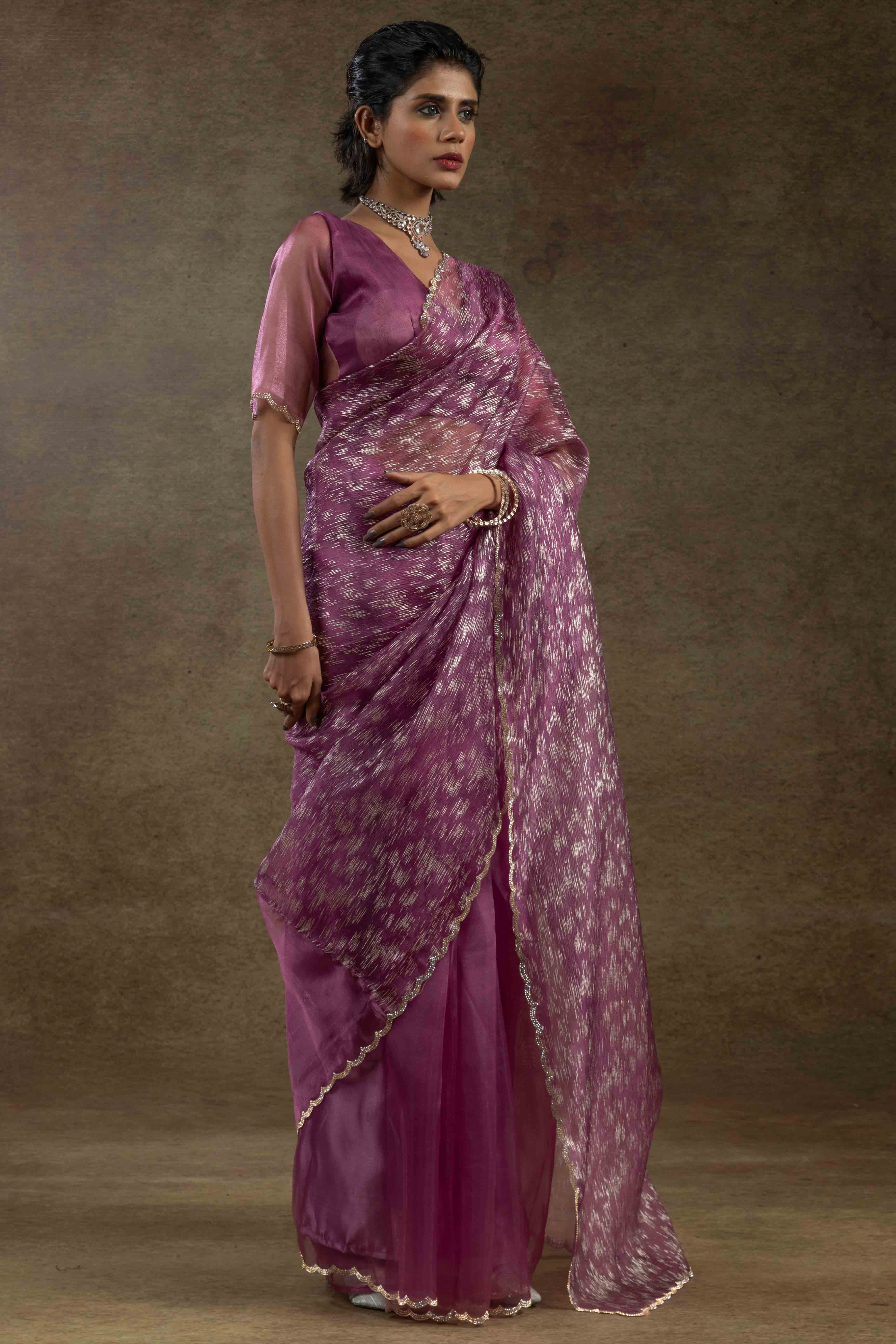 Purple Crush Foil Print With Delicate Zarkan Border Organza Ready To Wear Saree