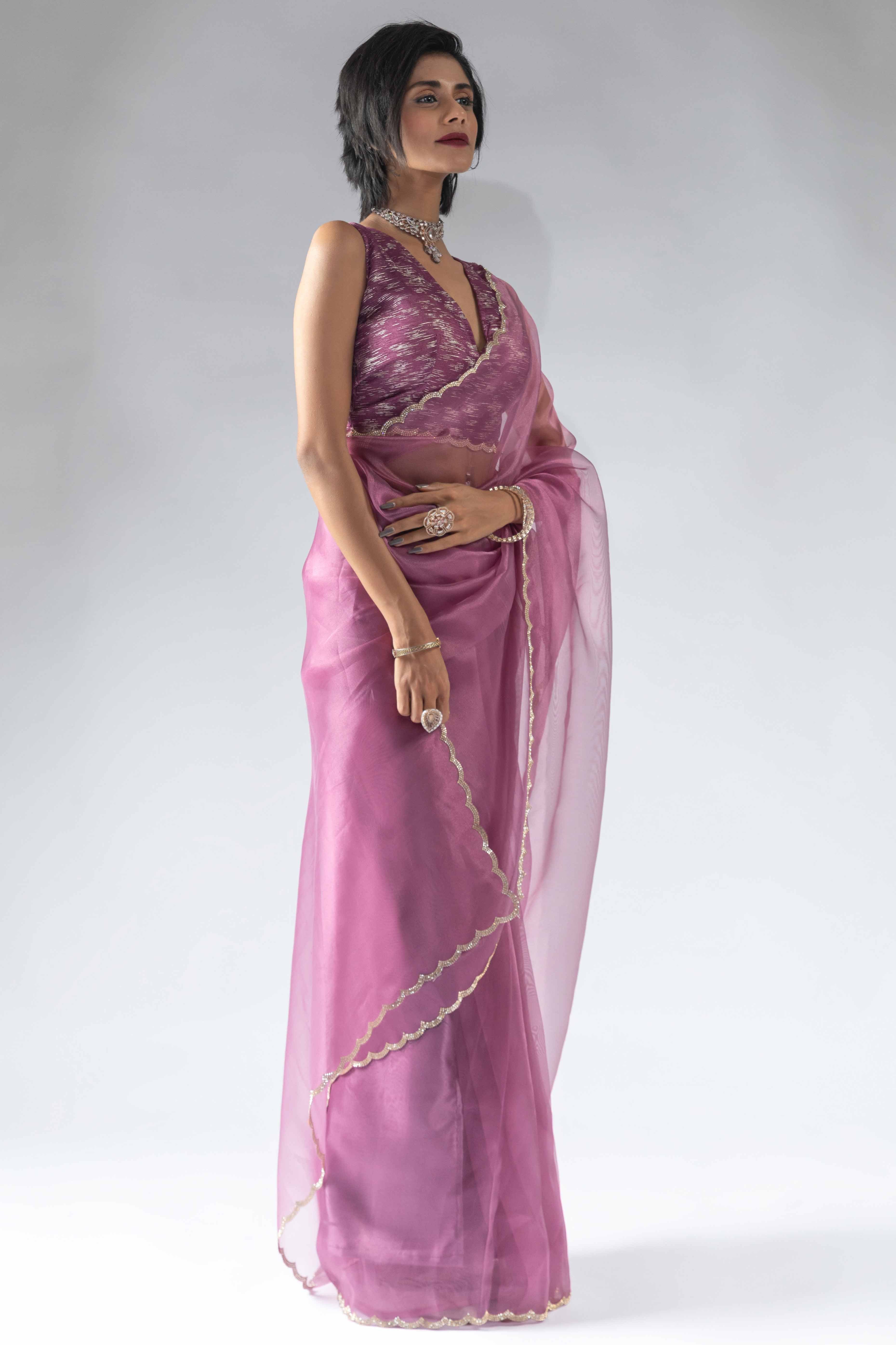 Helio Violet Solid With Intricate Zarkan Border Organza Ready To Wear Saree