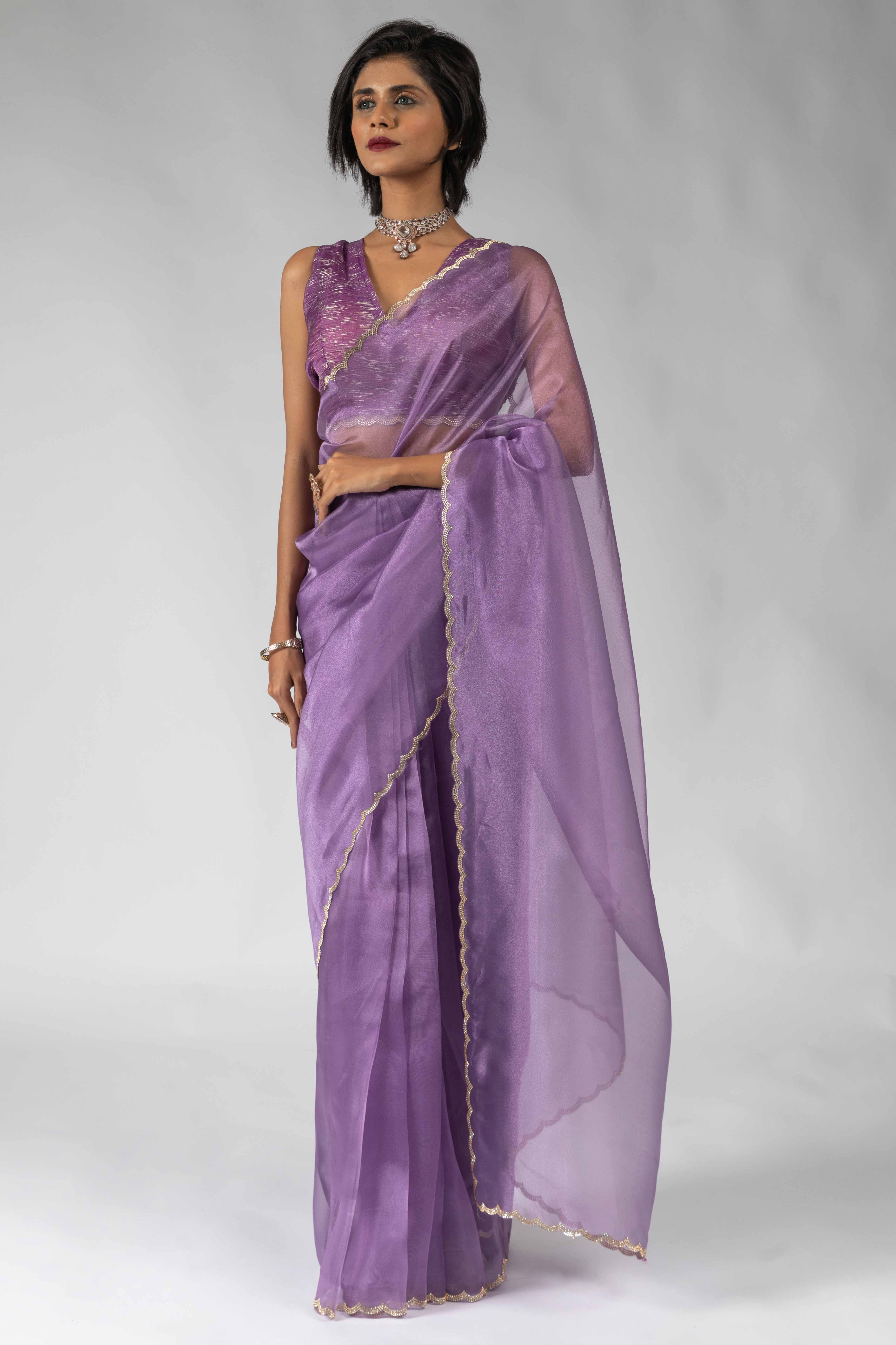 Lavender Solid With Intricate Zarkan Border Organza Ready To Wear Saree