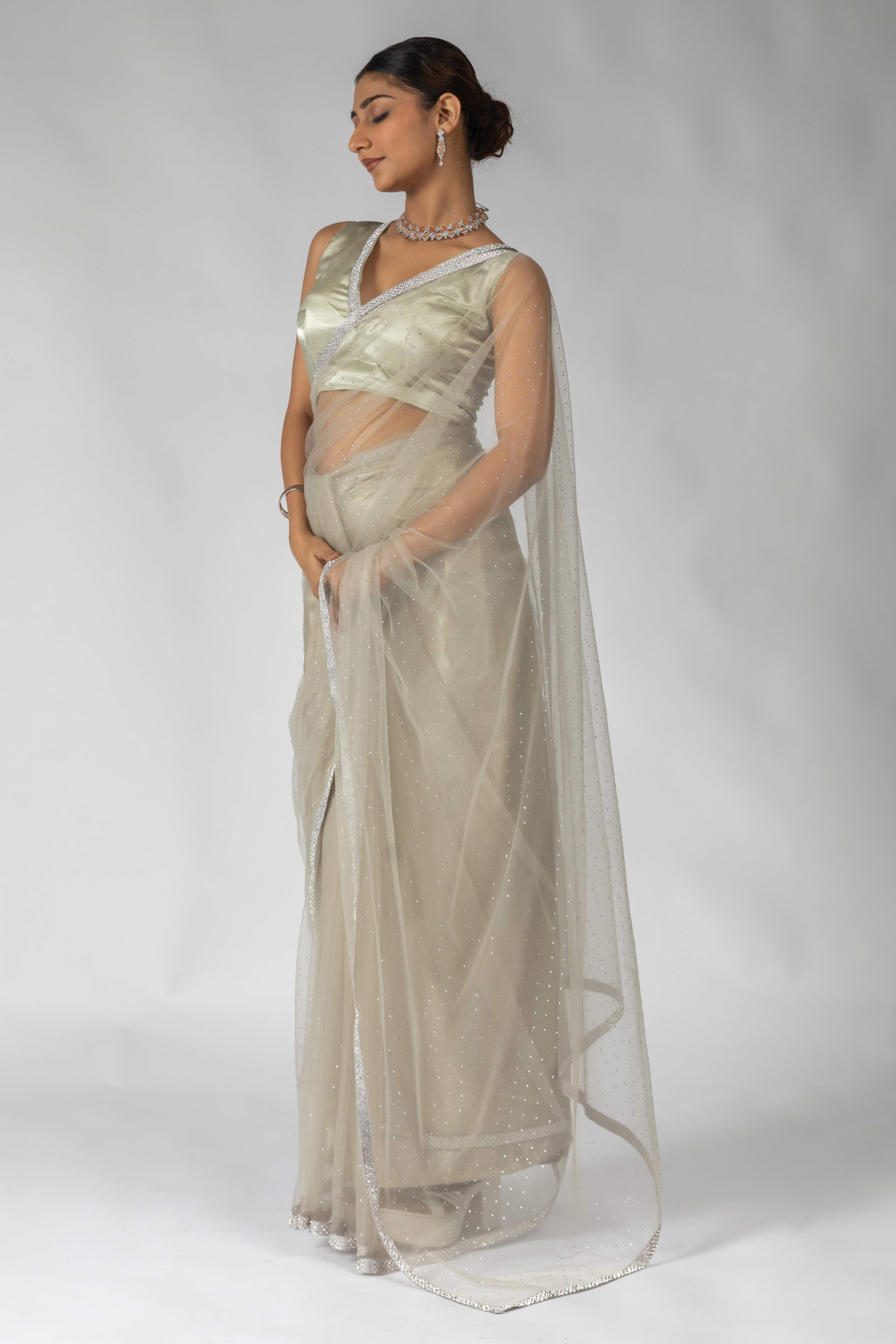 Beige Intricate Zarkan Detailing Soft Net Ready To Wear Saree