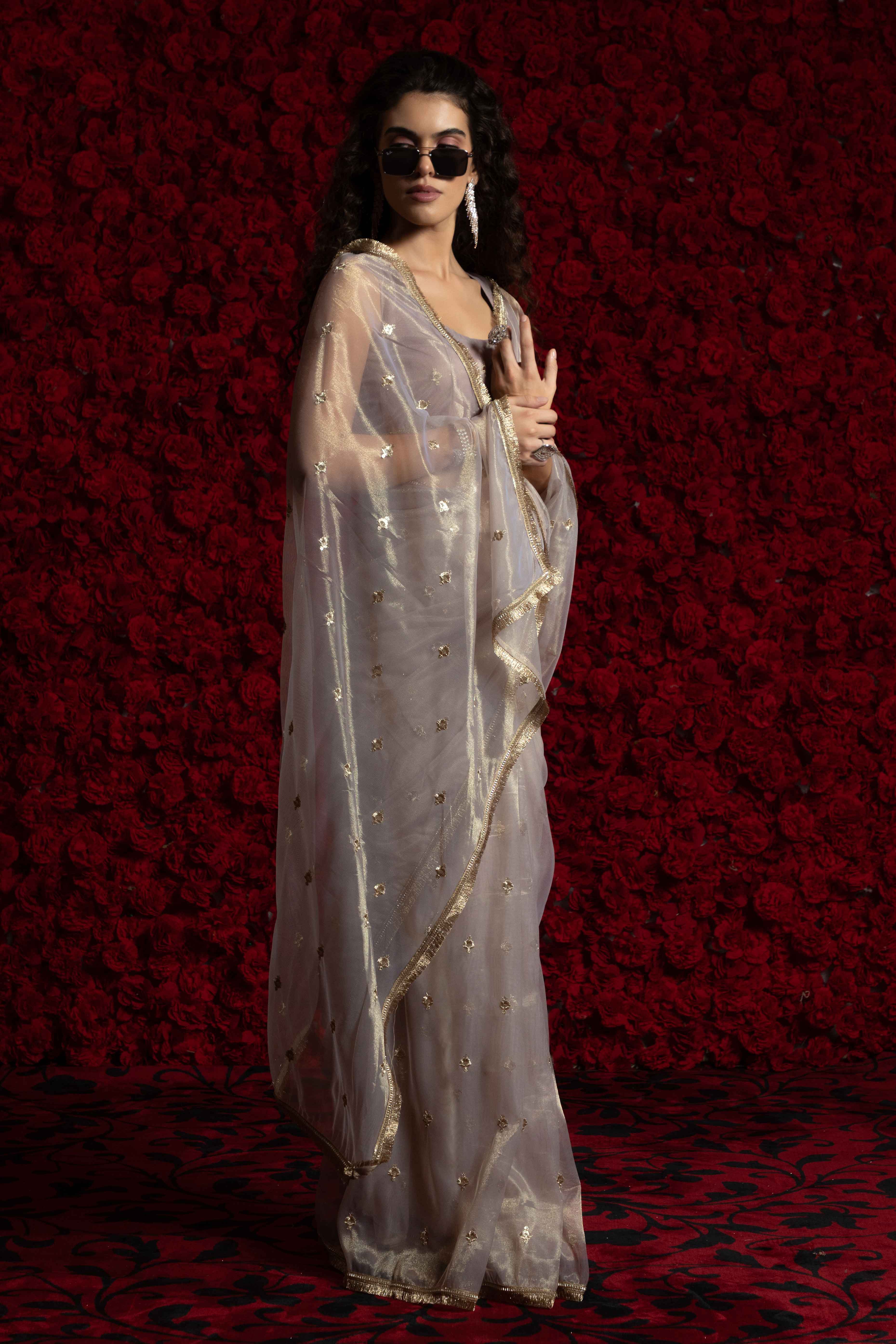 Light Grey Floral Zari Embroidered Net Organza Saree with Intricate Handwork Lace Border