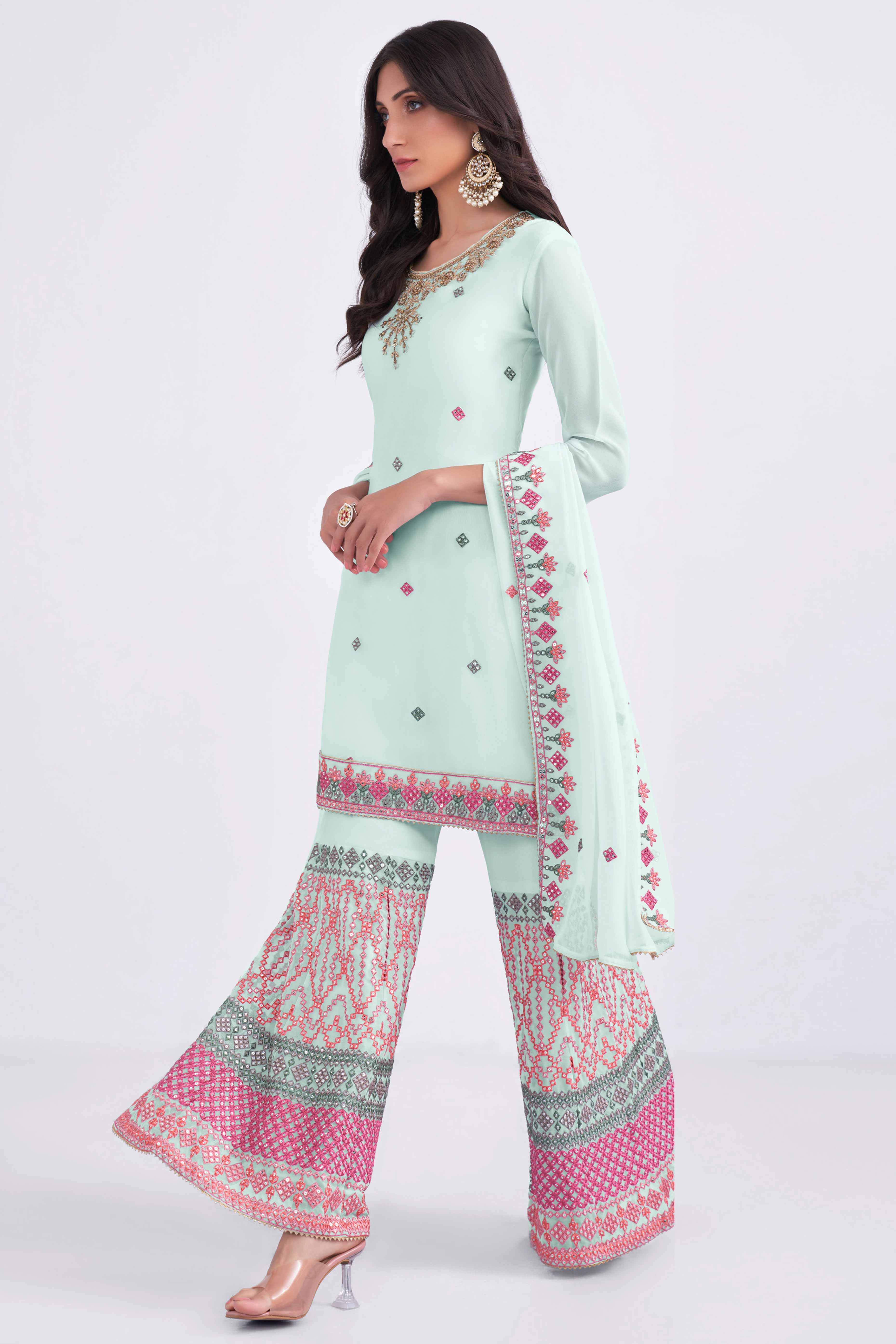 Light Blue Sequins Embroidered With Stonework Georgette Semi Stitched Suit