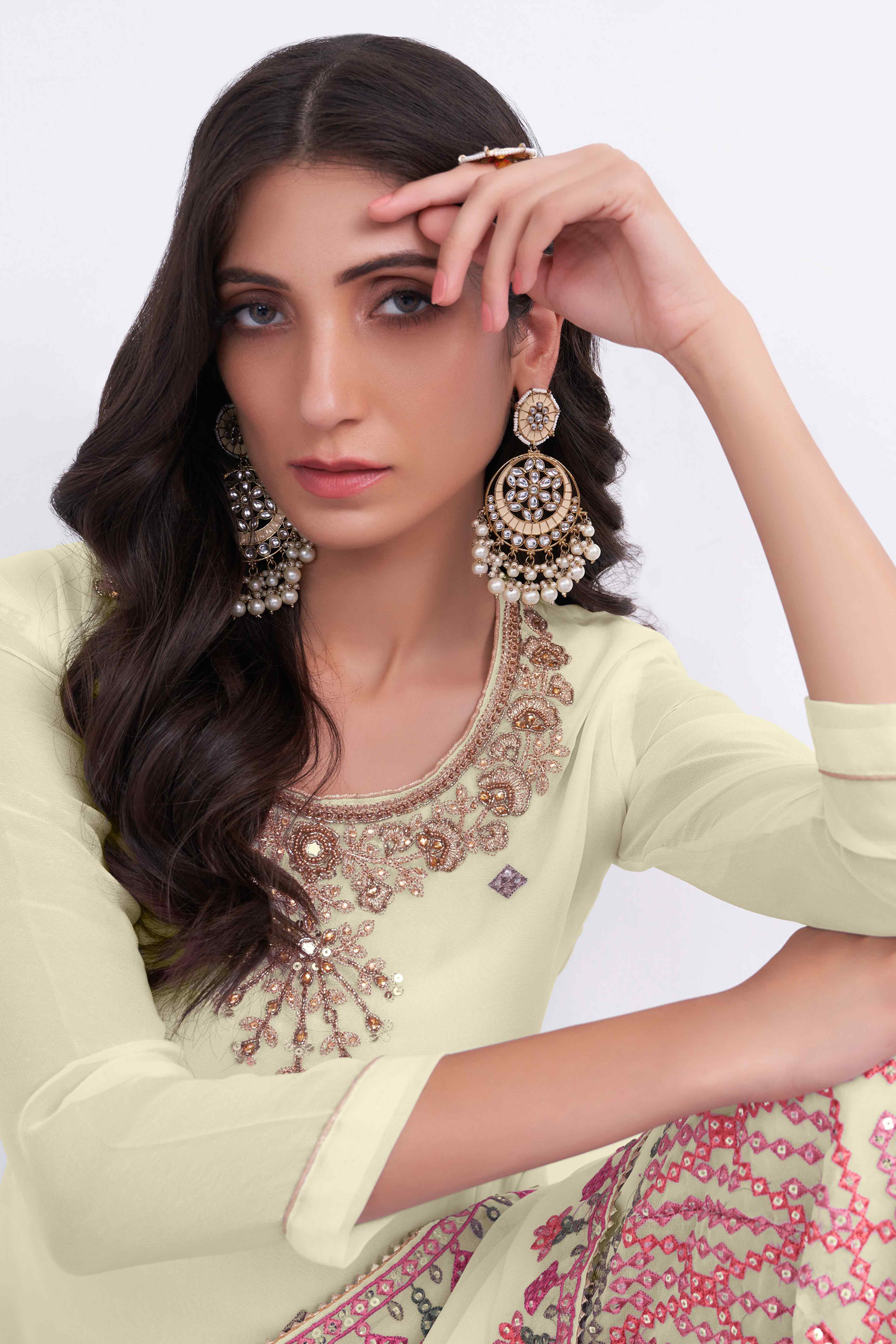 Light Yellow Sequins Embroidered With Stonework Georgette Semi Stitched Suit