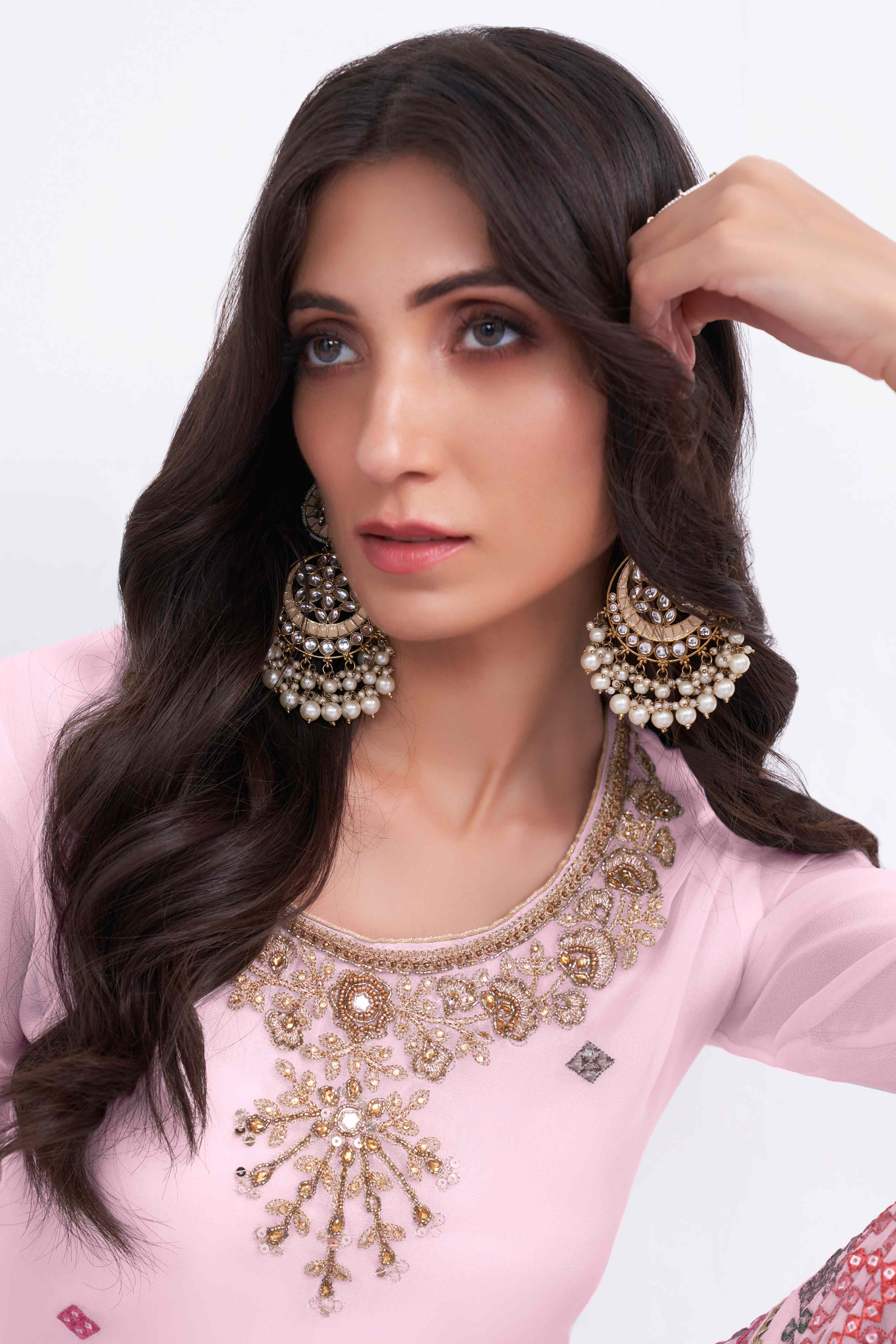 Light Pink Sequins Embroidered With Stonework Georgette Semi Stitched Suit