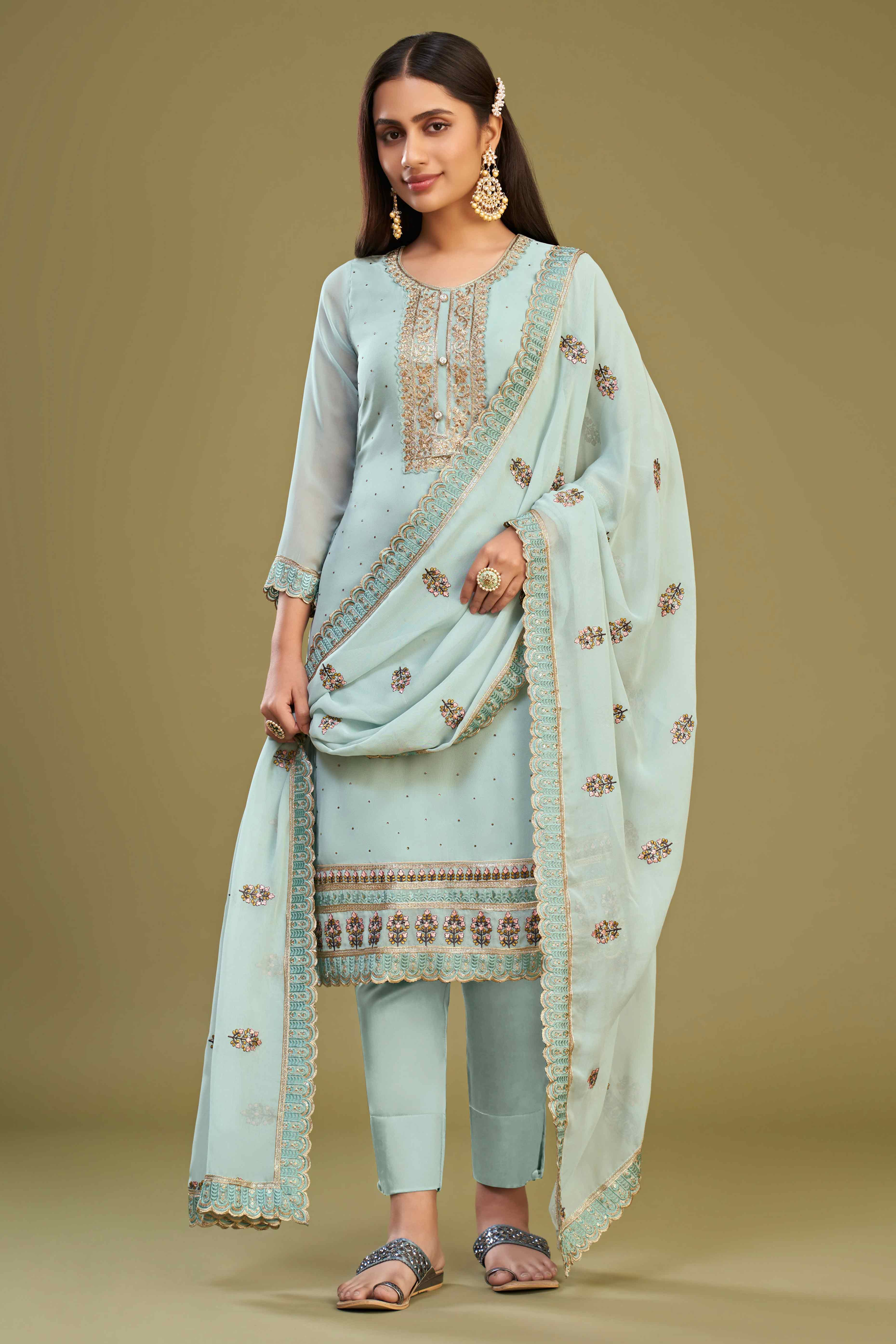 Blue Floral Embroidery With Swarovski Work Georgette Semi Stitched Suit