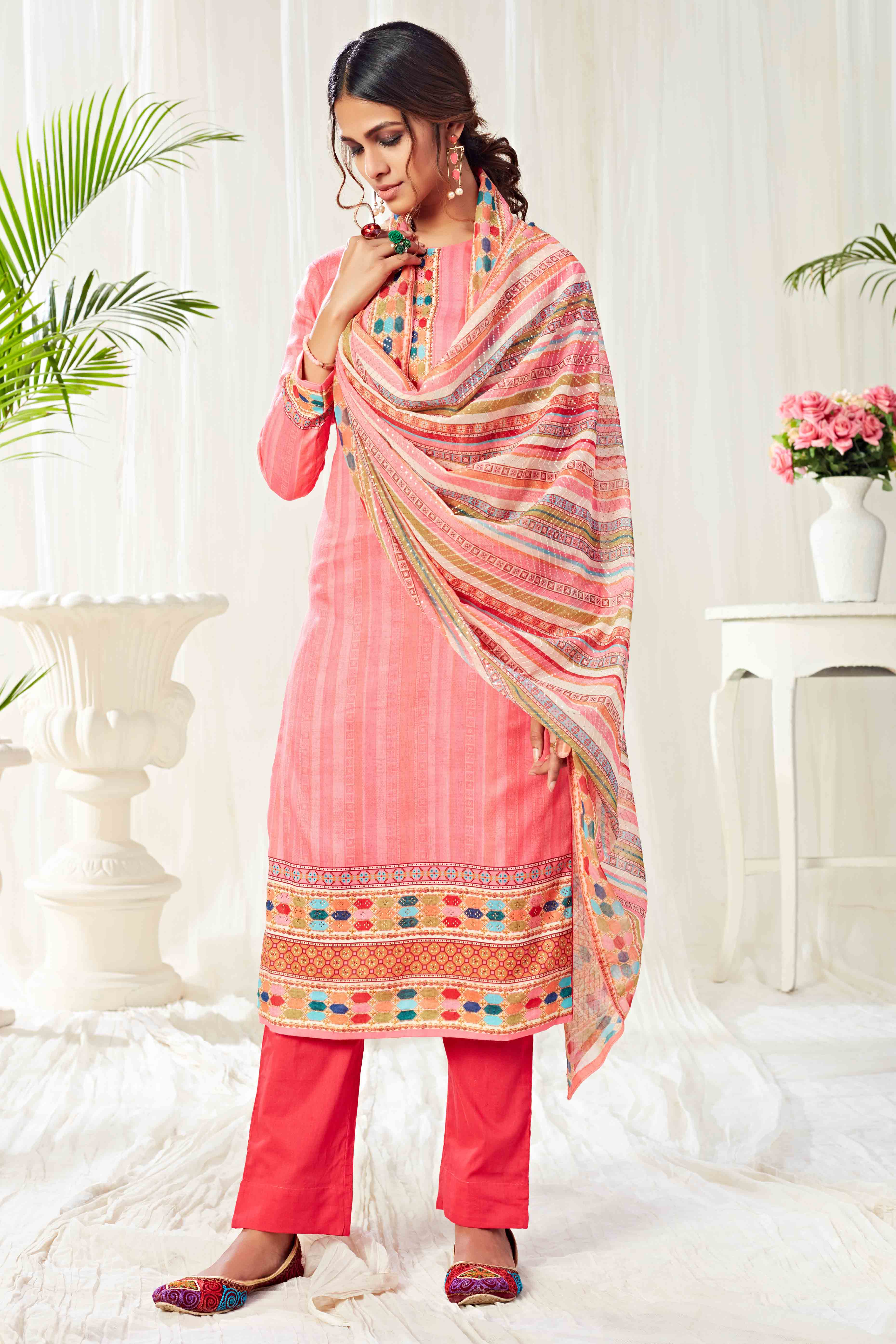 Pink Floral Digital Print Pure Cotton Dress Material With Sparkling Swarovski Embellishments