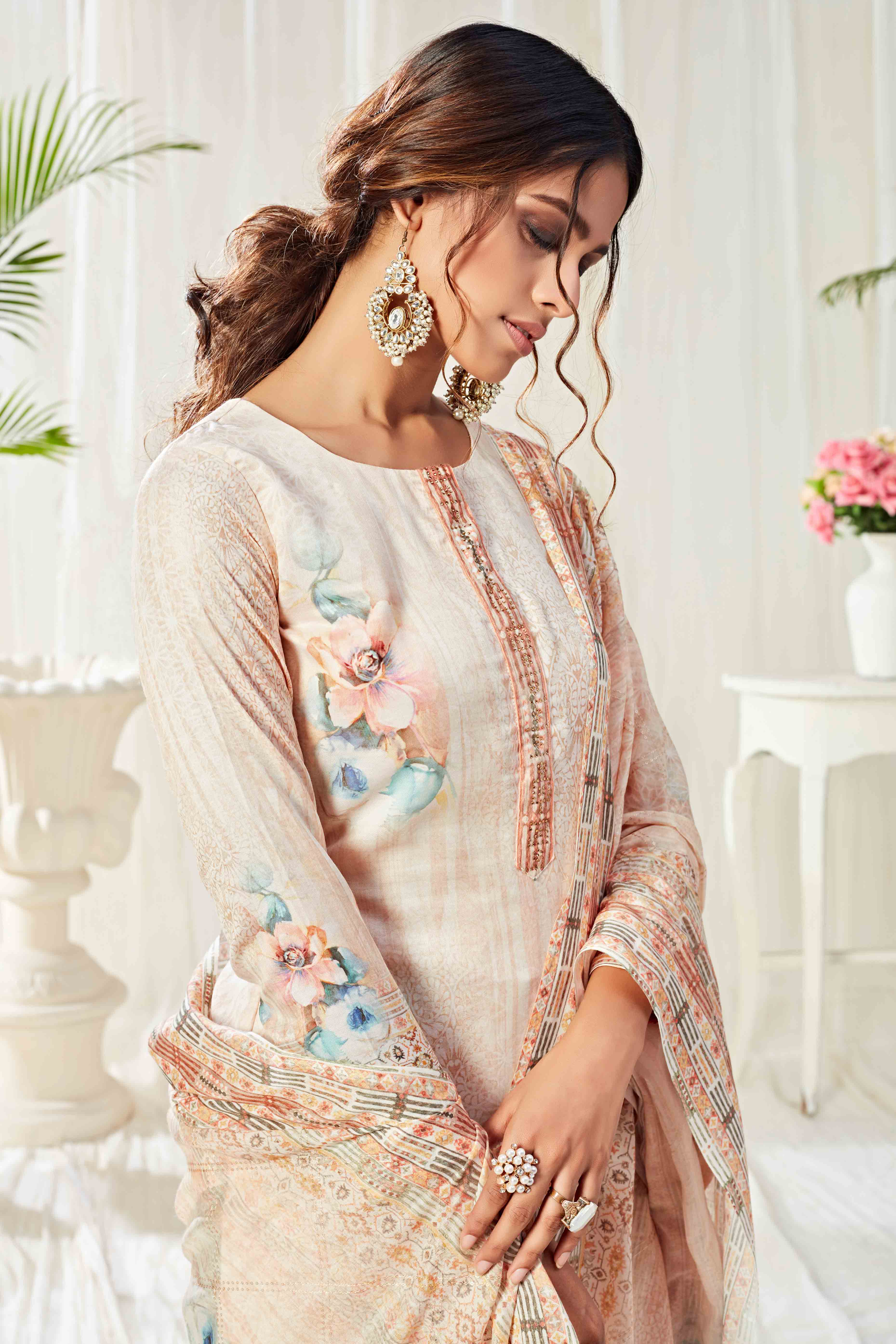 Light Peach Floral Digital Print Pure Cotton Dress Material With Sparkling Swarovski Embellishments