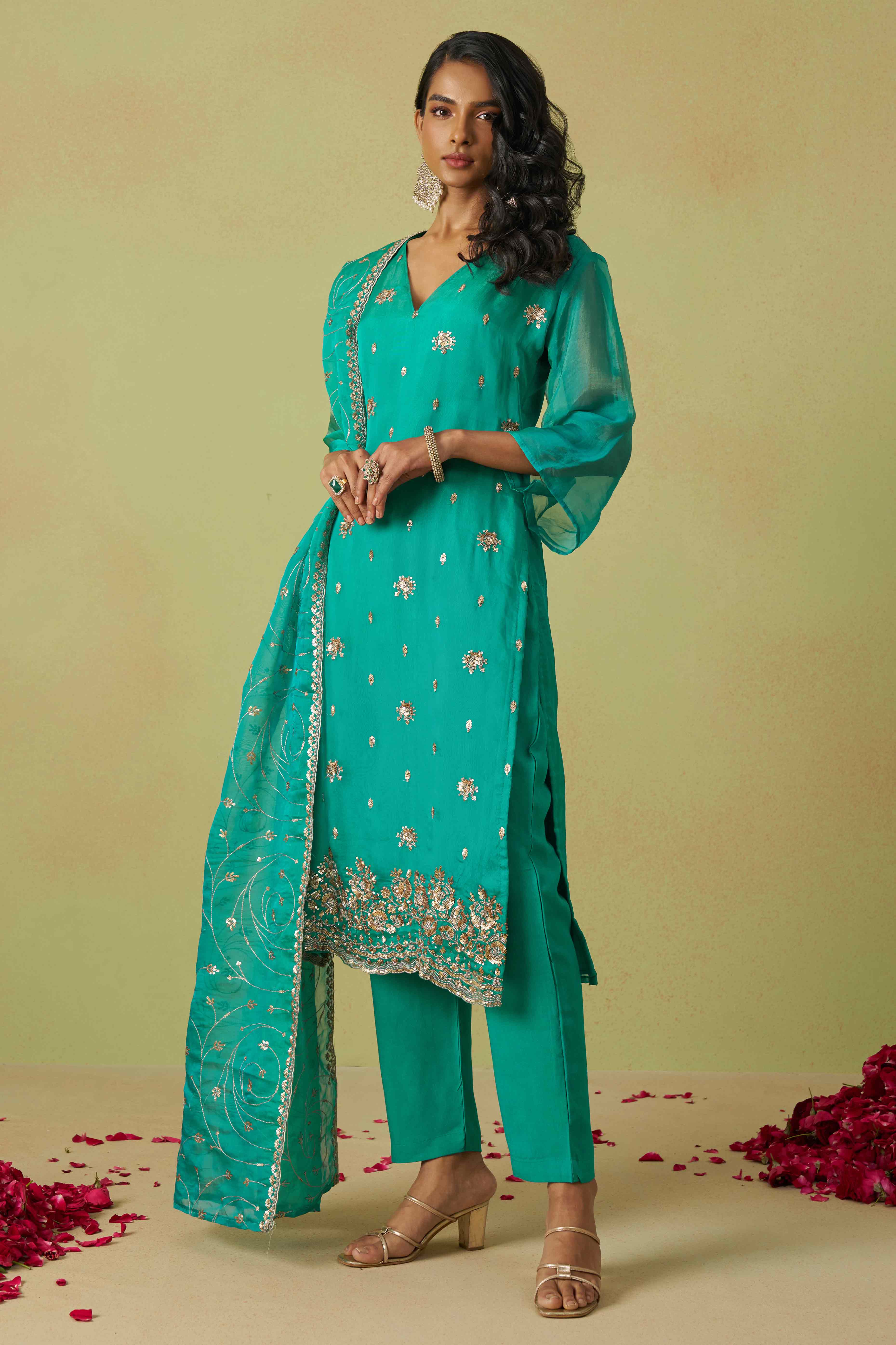 Turquoise Sequins Embroidery With Stonework Organza Shimmer Semi Stitched Suit