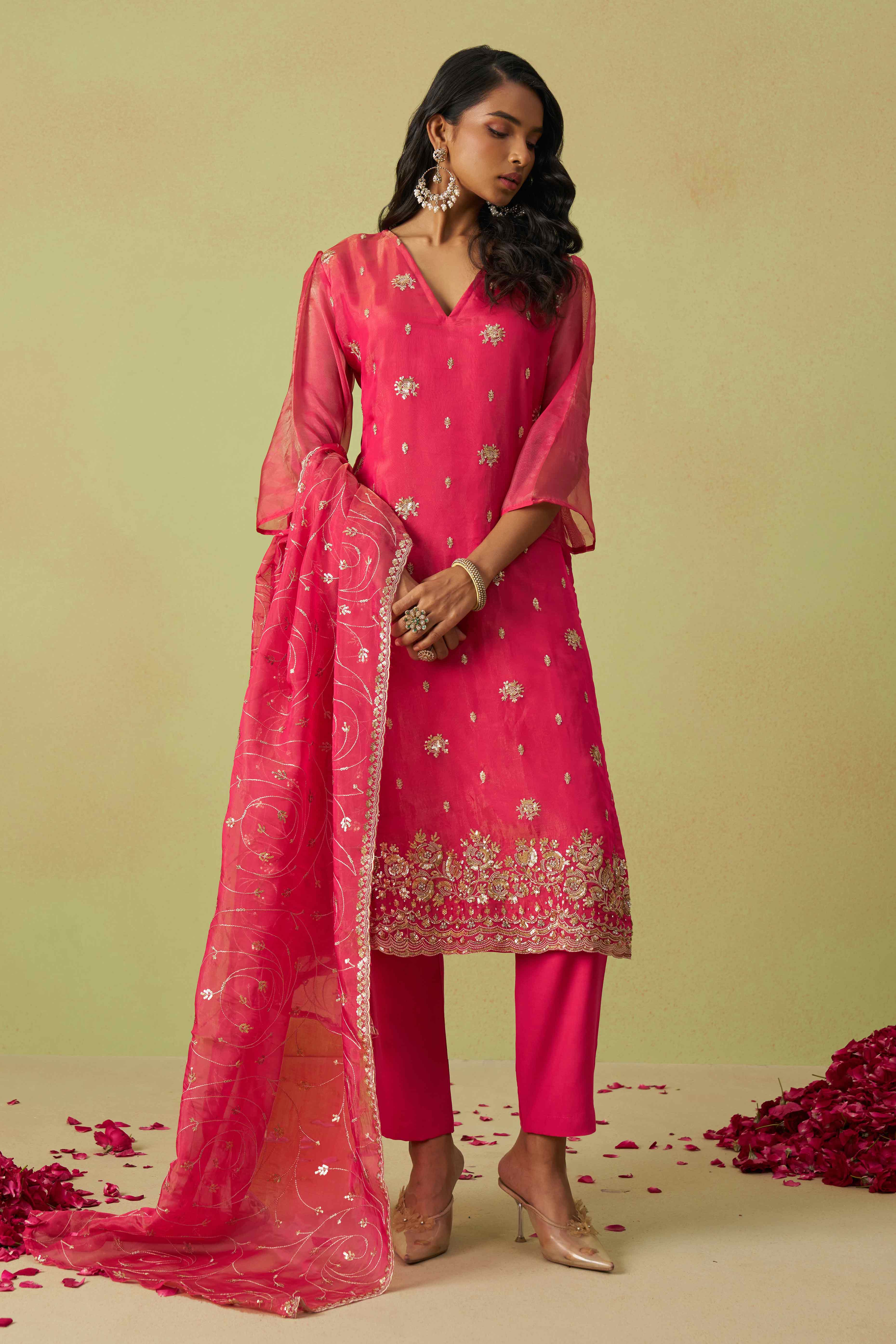Pink Sequins Embroidery With Stonework Organza Shimmer Semi Stitched Suit