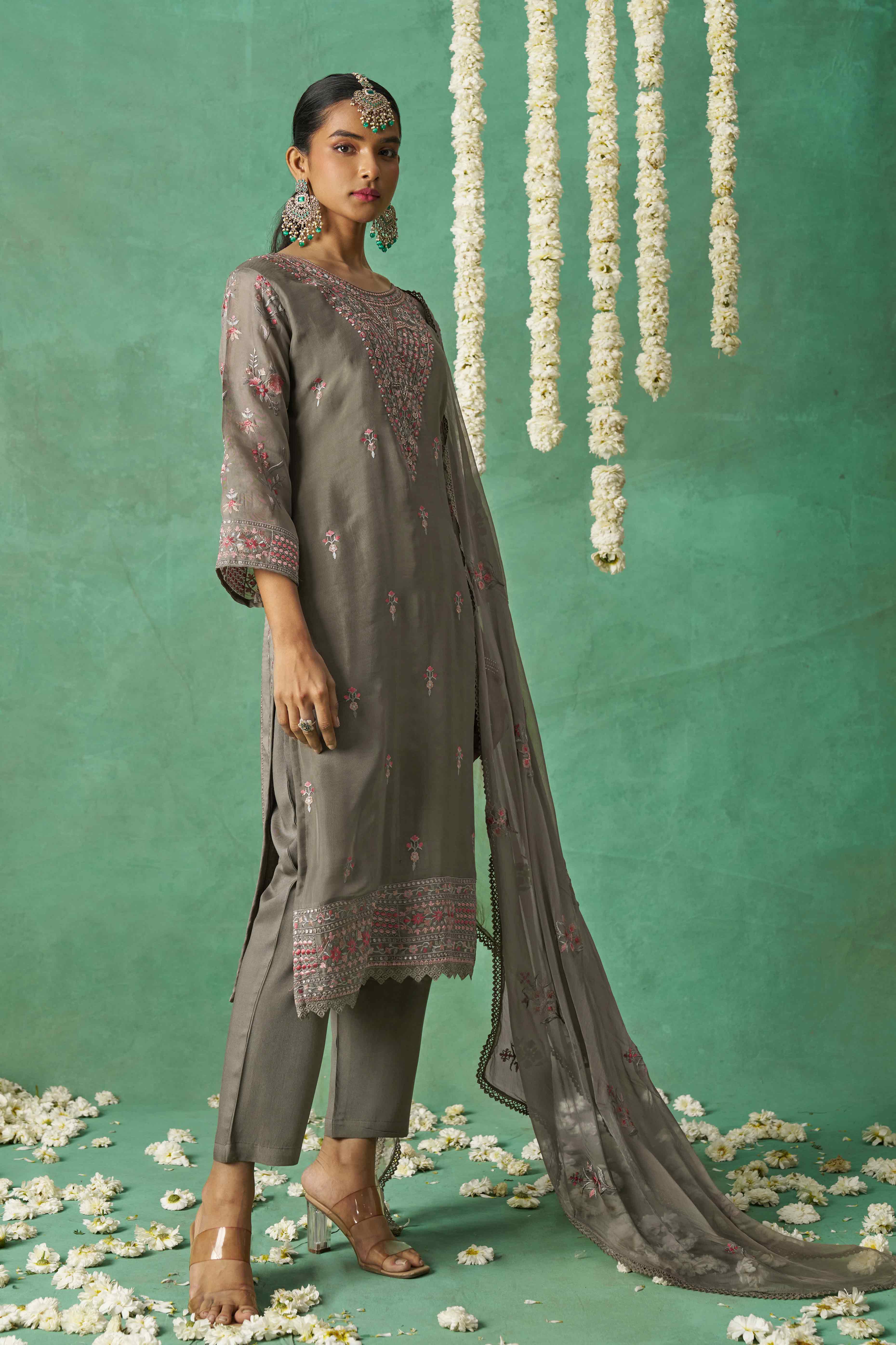 Grey Floral Sequins Embroidered Organza Semi Stitched Suit