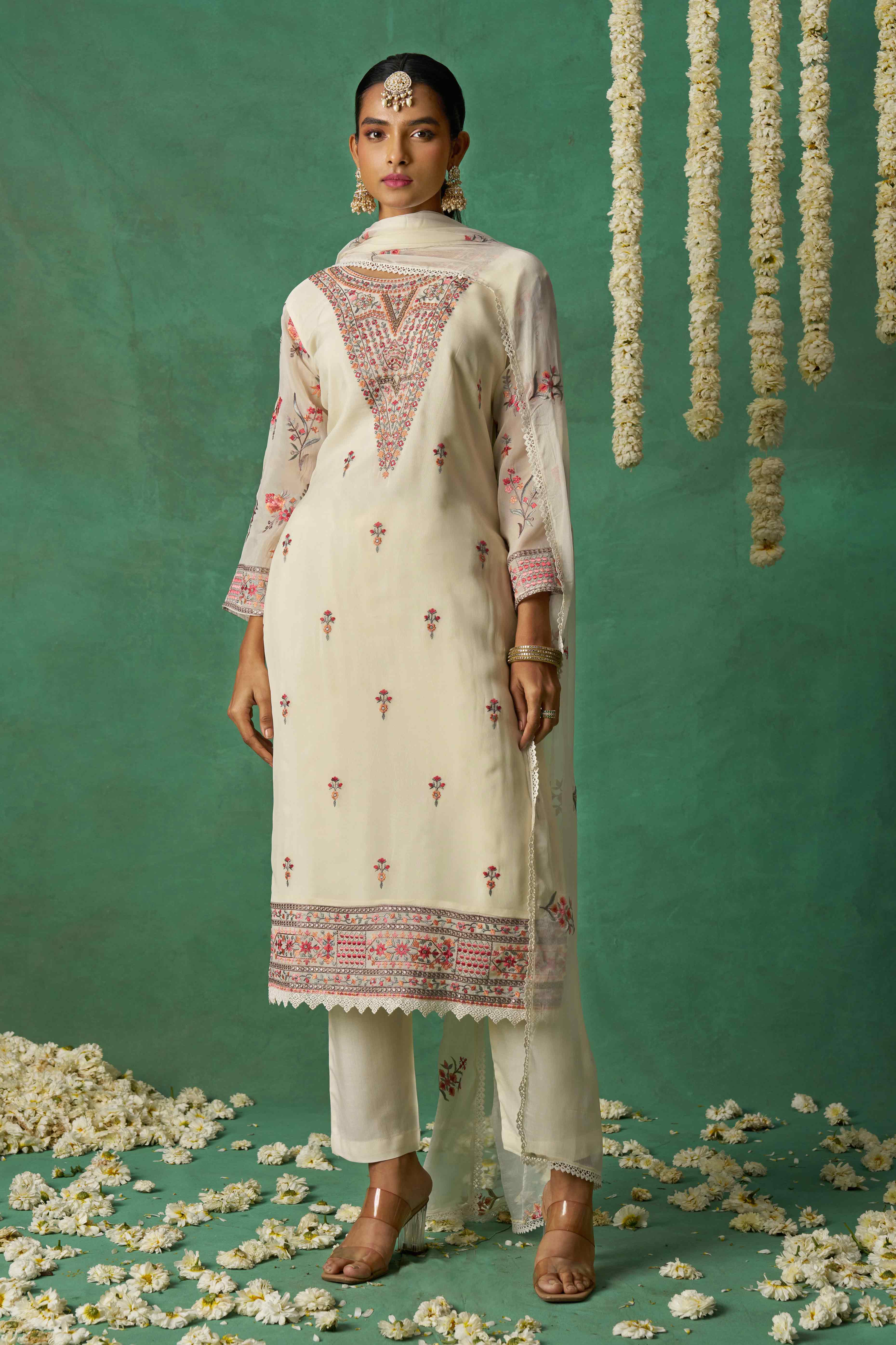 Offwhite Floral Sequins Embroidered Organza Semi Stitched Suit