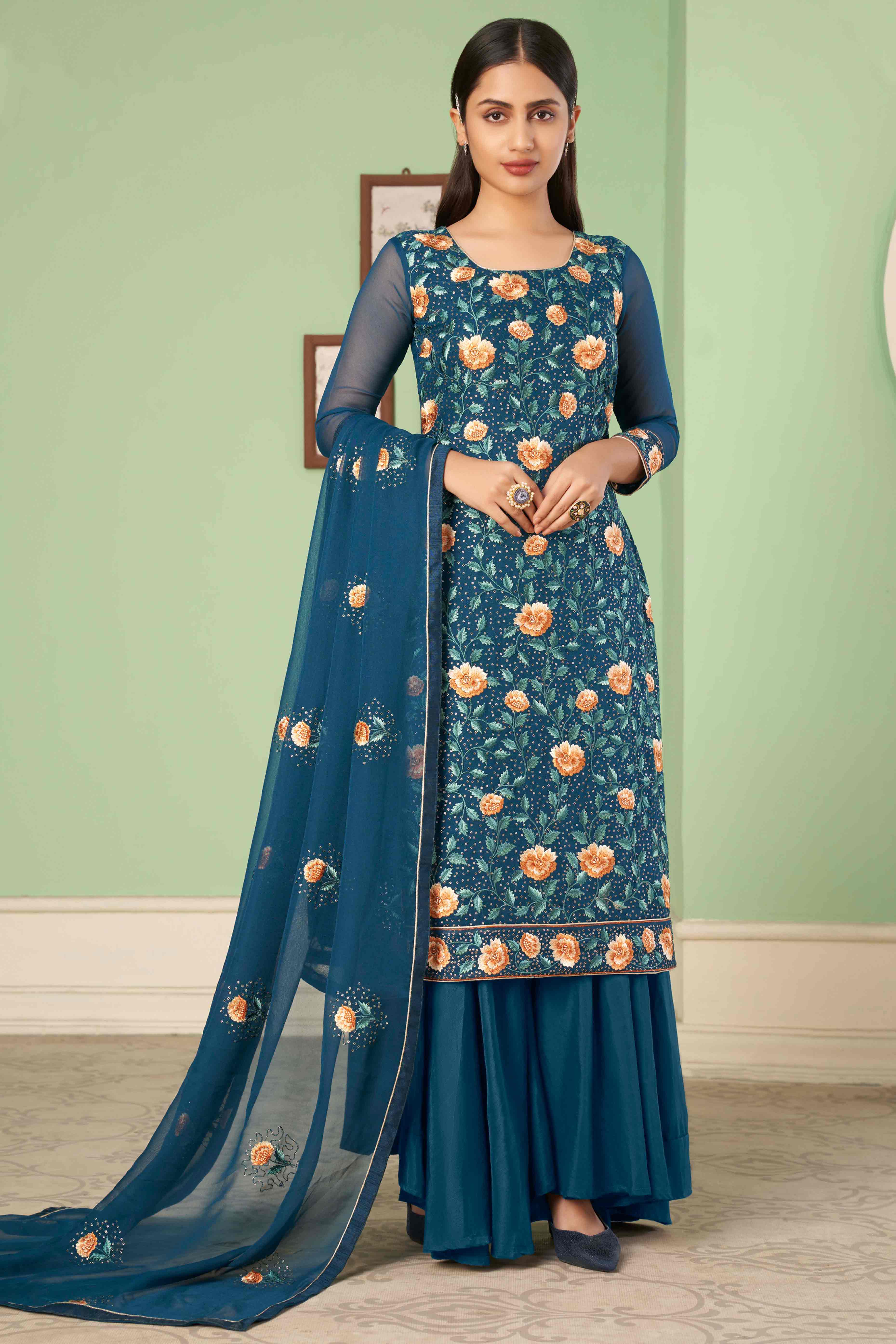 Morpich Blue Floral Sequins Embroidered Georgette Semi Stitched Suit
