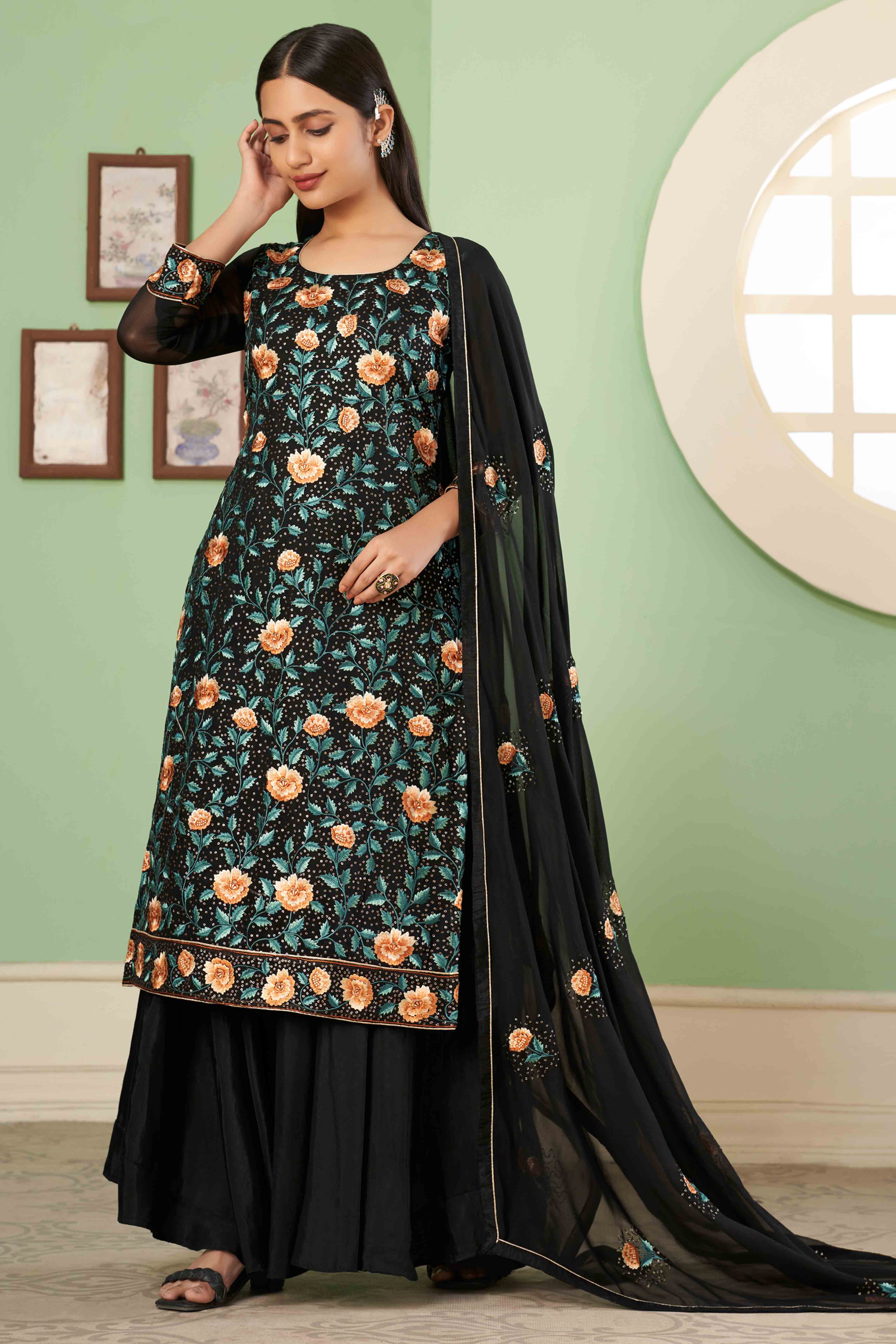 Black Floral Sequins Embroidered Georgette Semi Stitched Suit