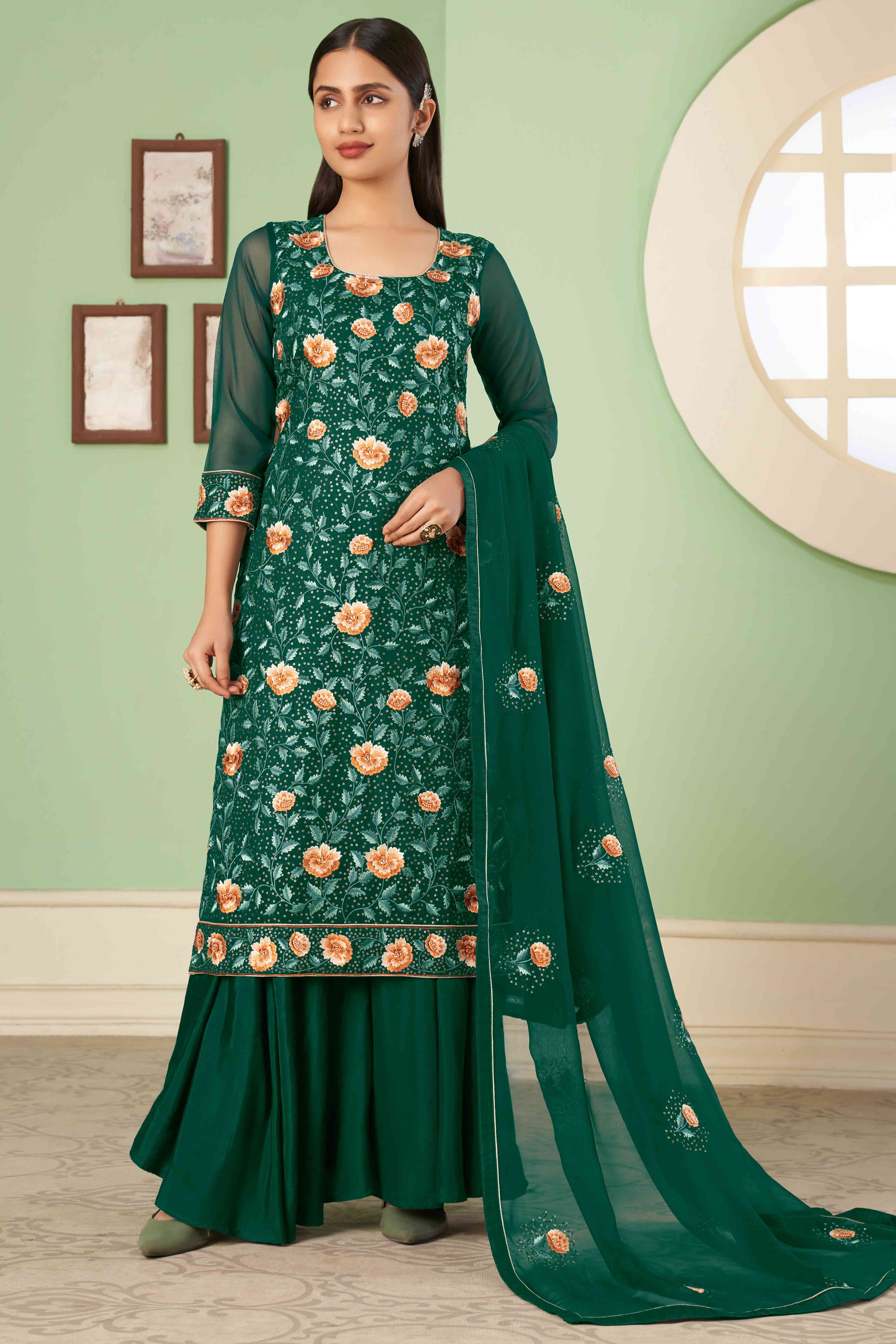 Green Floral Sequins Embroidered Georgette Semi Stitched Suit