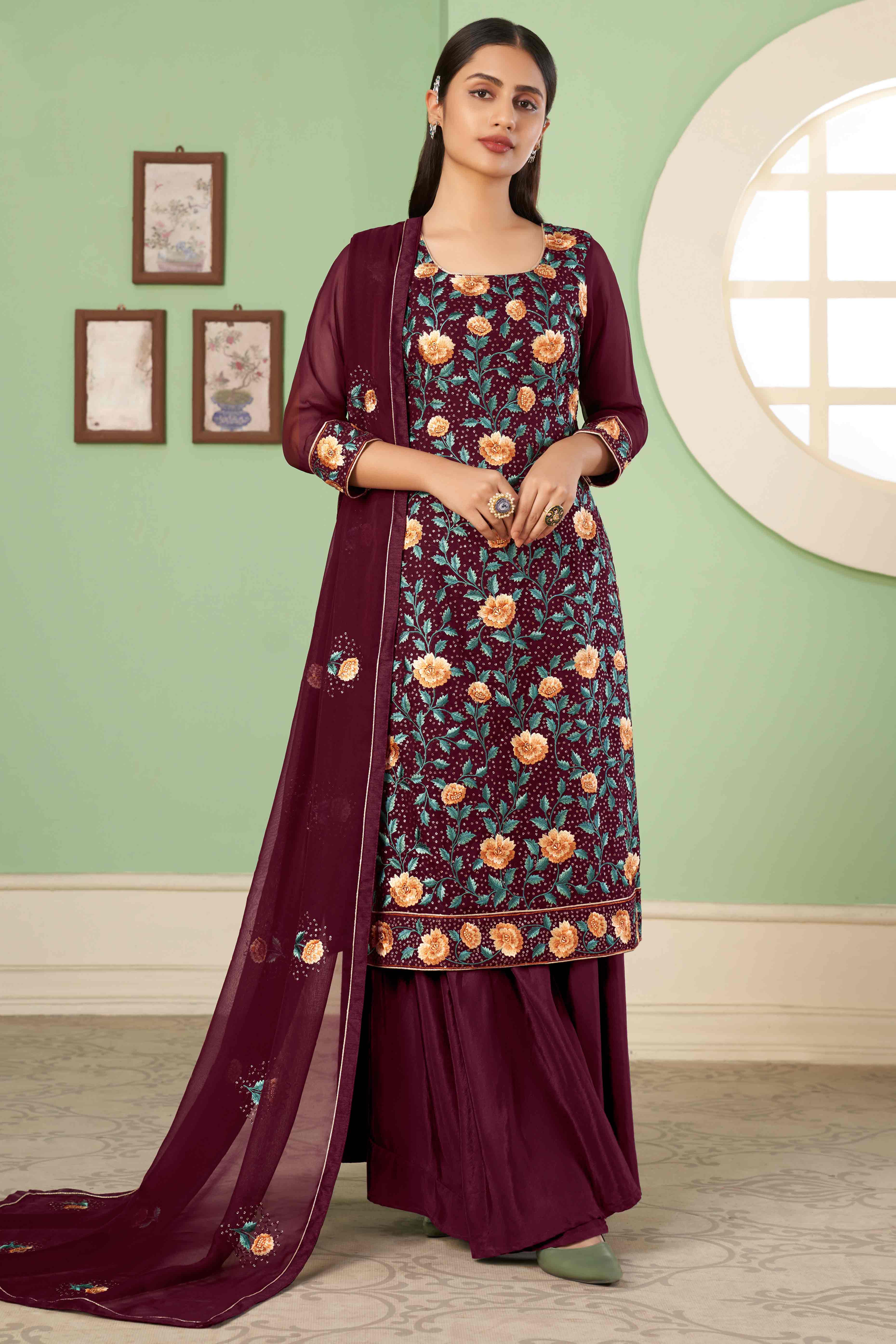 Wine Floral Sequins Embroidered Georgette Semi Stitched Suit