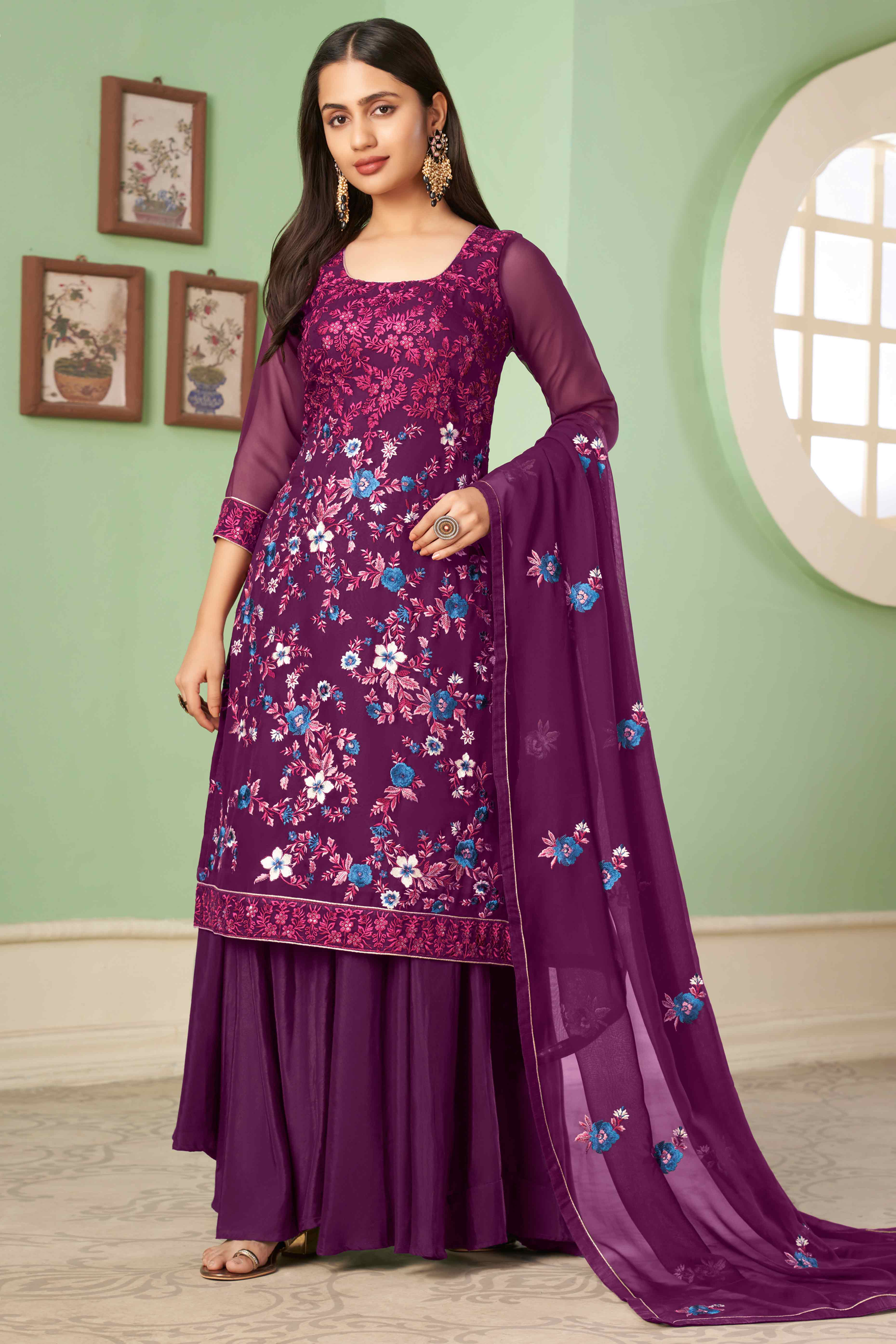 Purple Floral Sequins Embroidered Georgette Semi Stitched Suit