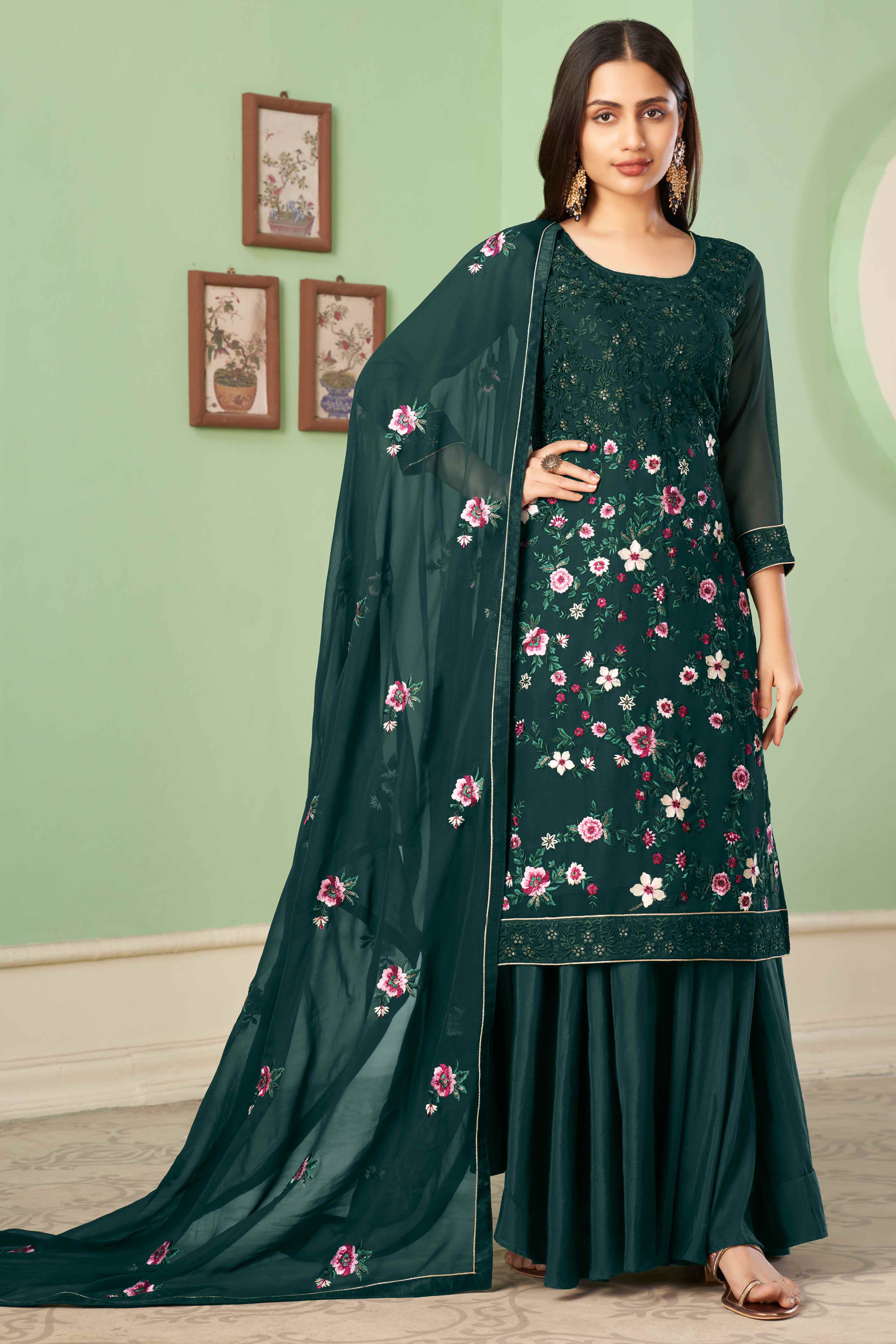Green Floral Sequins Embroidered Georgette Semi Stitched Suit