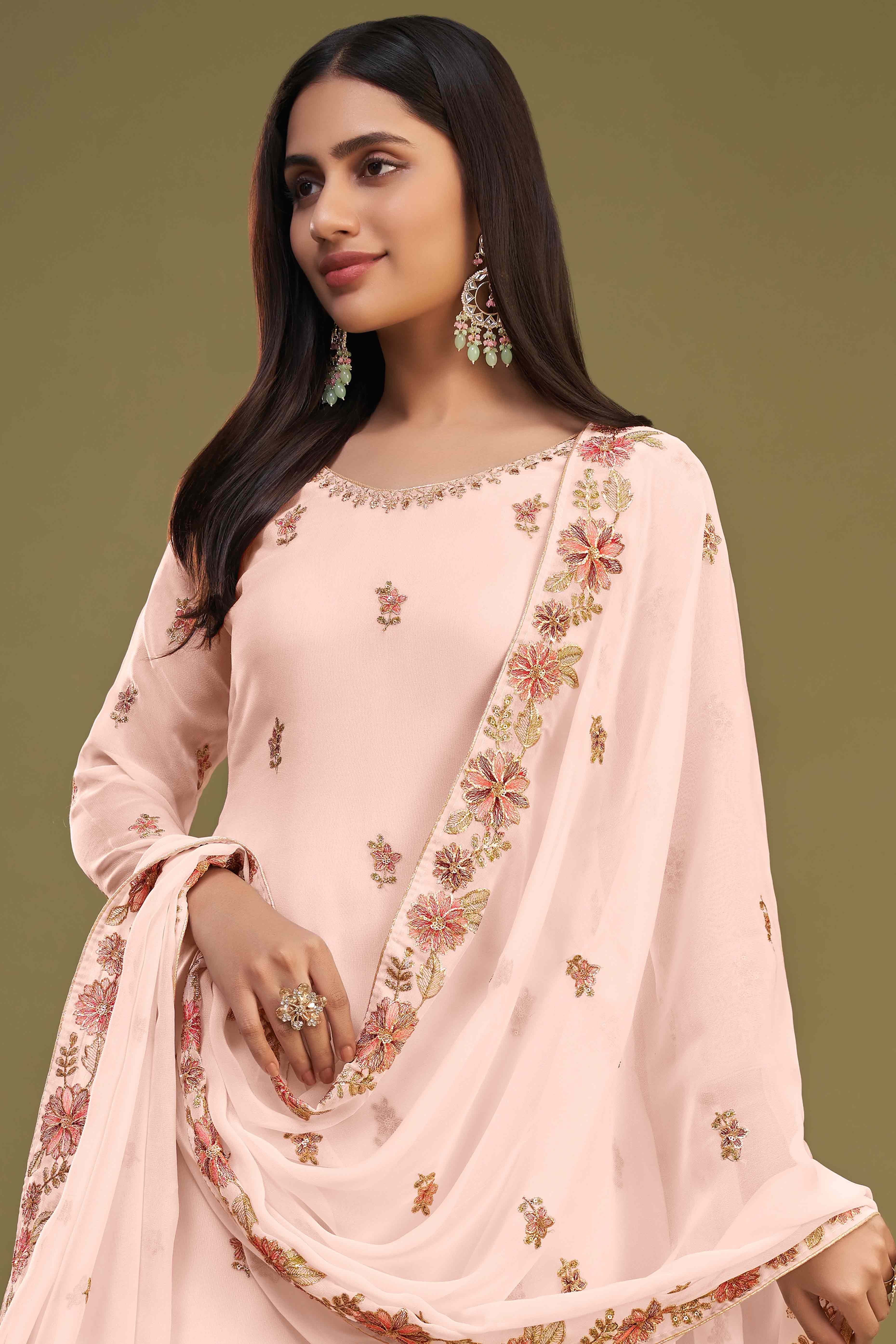 Peach Floral Sequins Embroidered Georgette Semi Stitched Sharara Suit