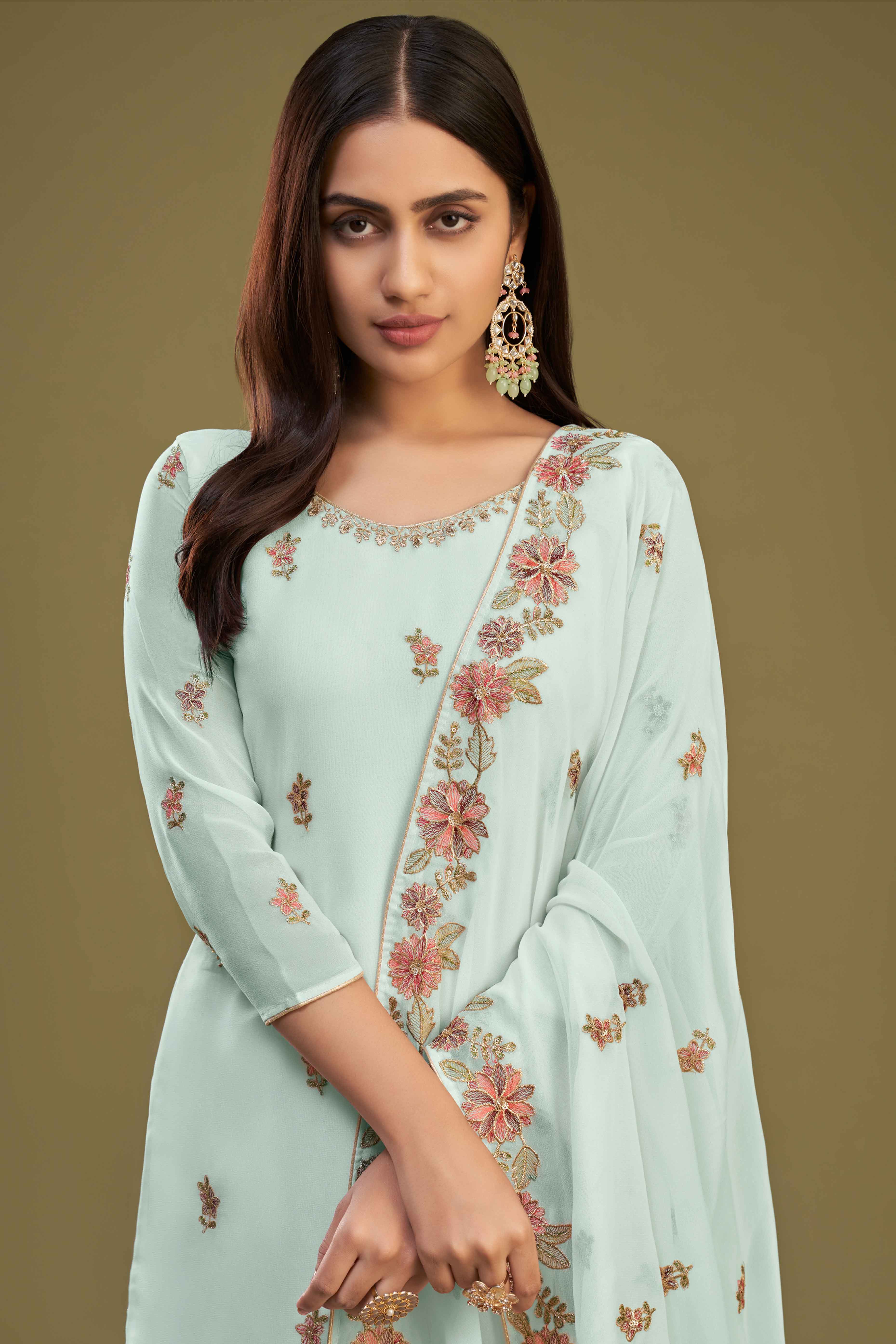 Blue Floral Sequins Embroidered Georgette Semi Stitched Sharara Suit