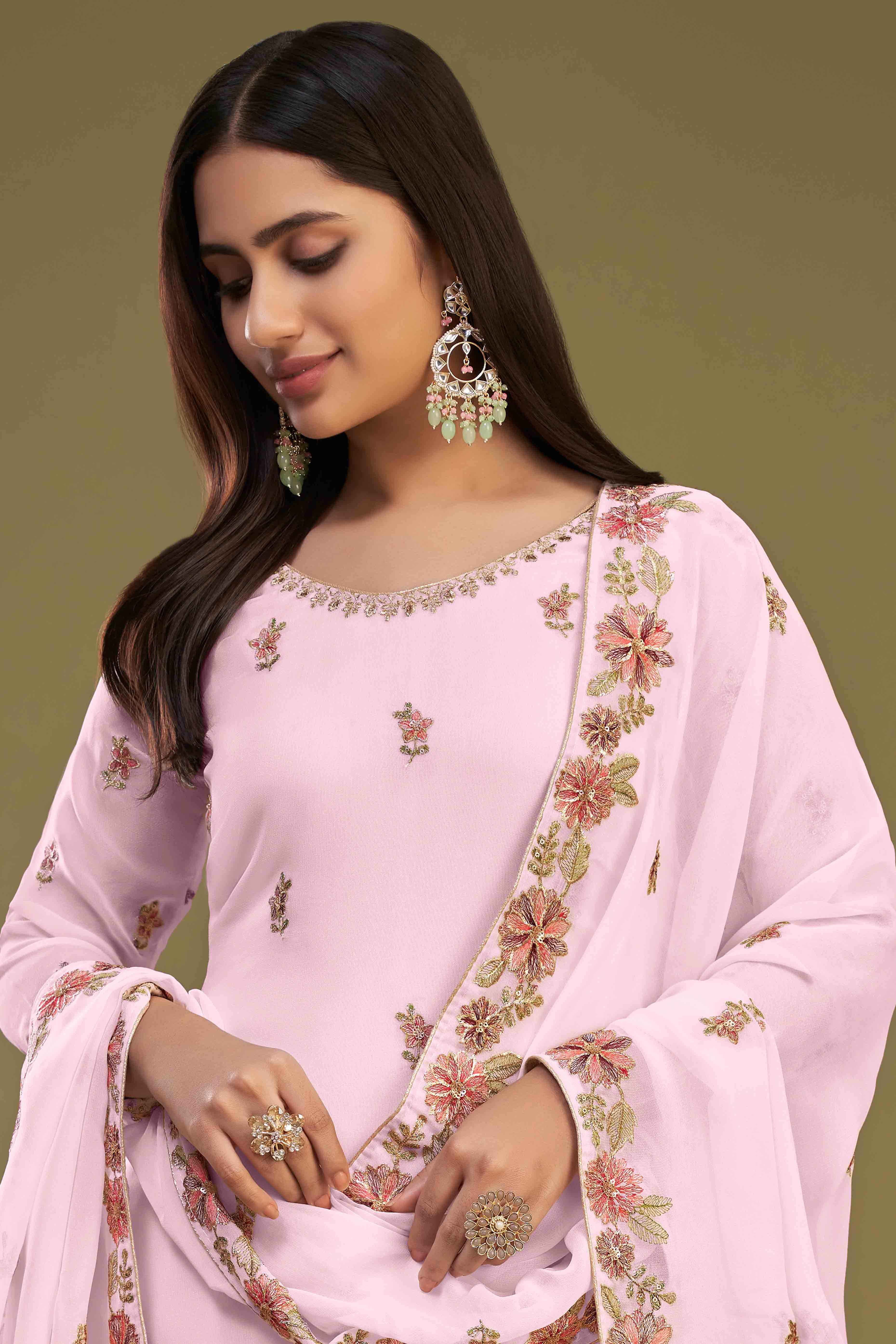 Pink Floral Sequins Embroidered Georgette Semi Stitched Sharara Suit
