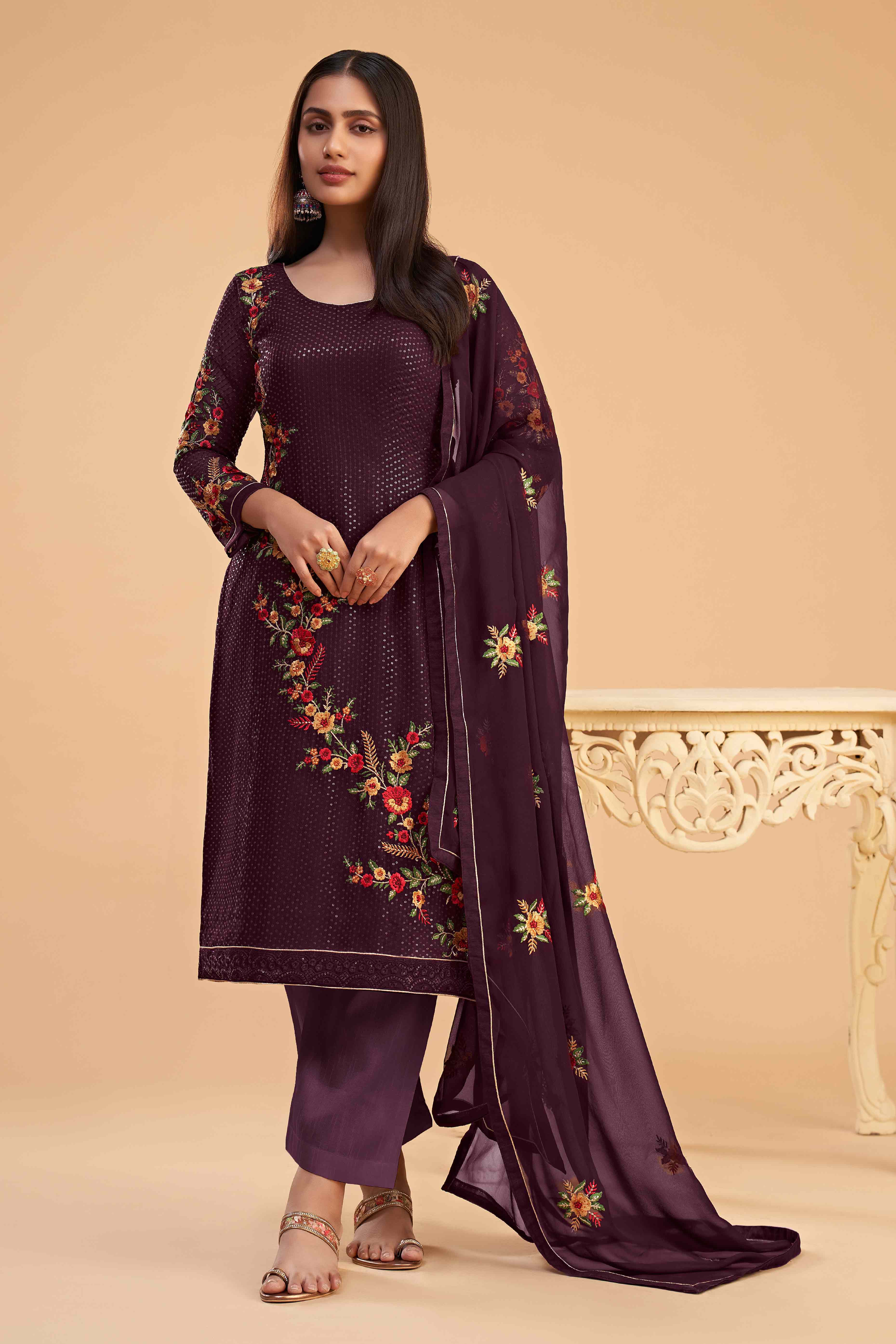 Wine Floral Sequins Embroidered Georgette Semi Stitched Suit