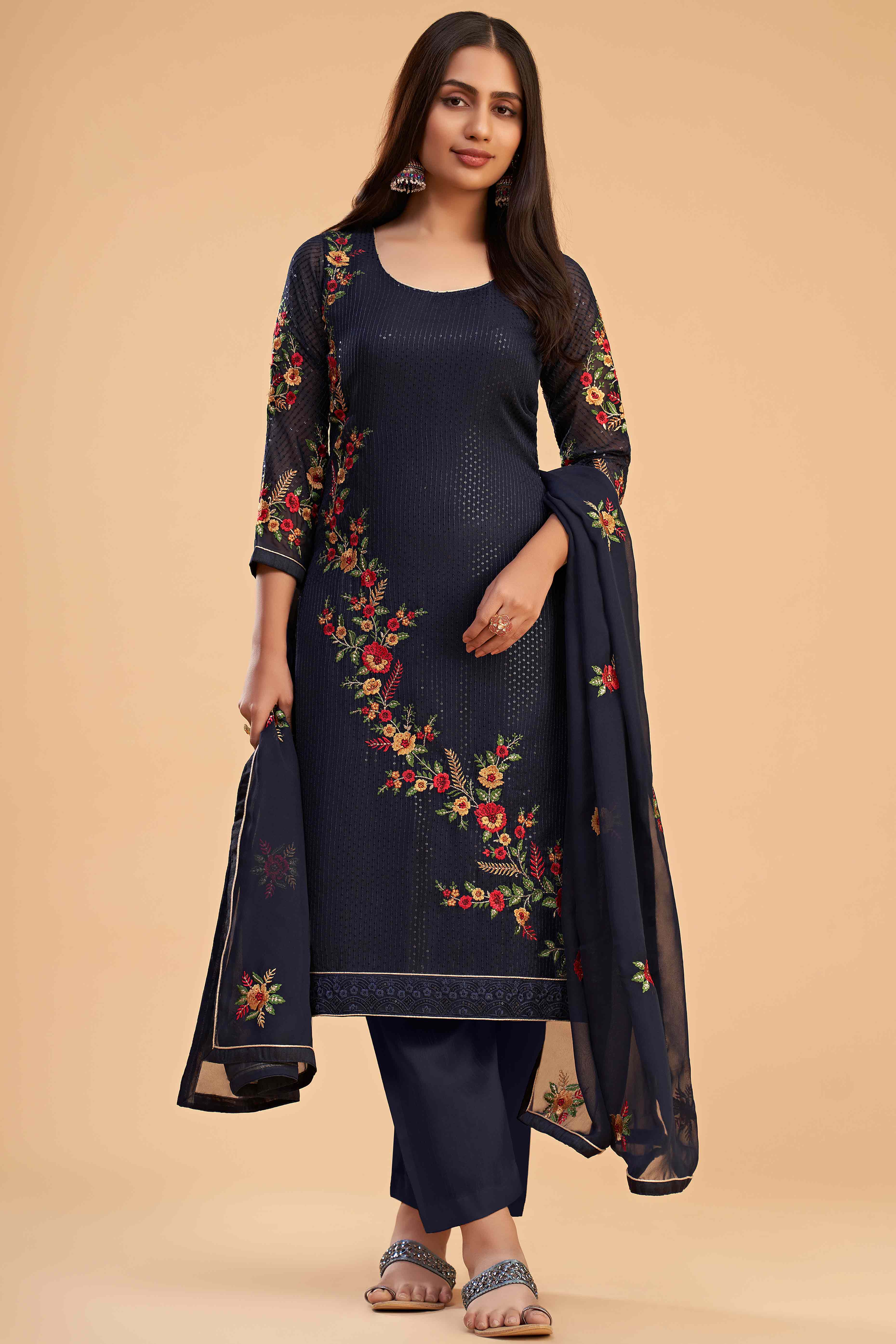 Blue Floral Sequins Embroidered Georgette Semi Stitched Suit