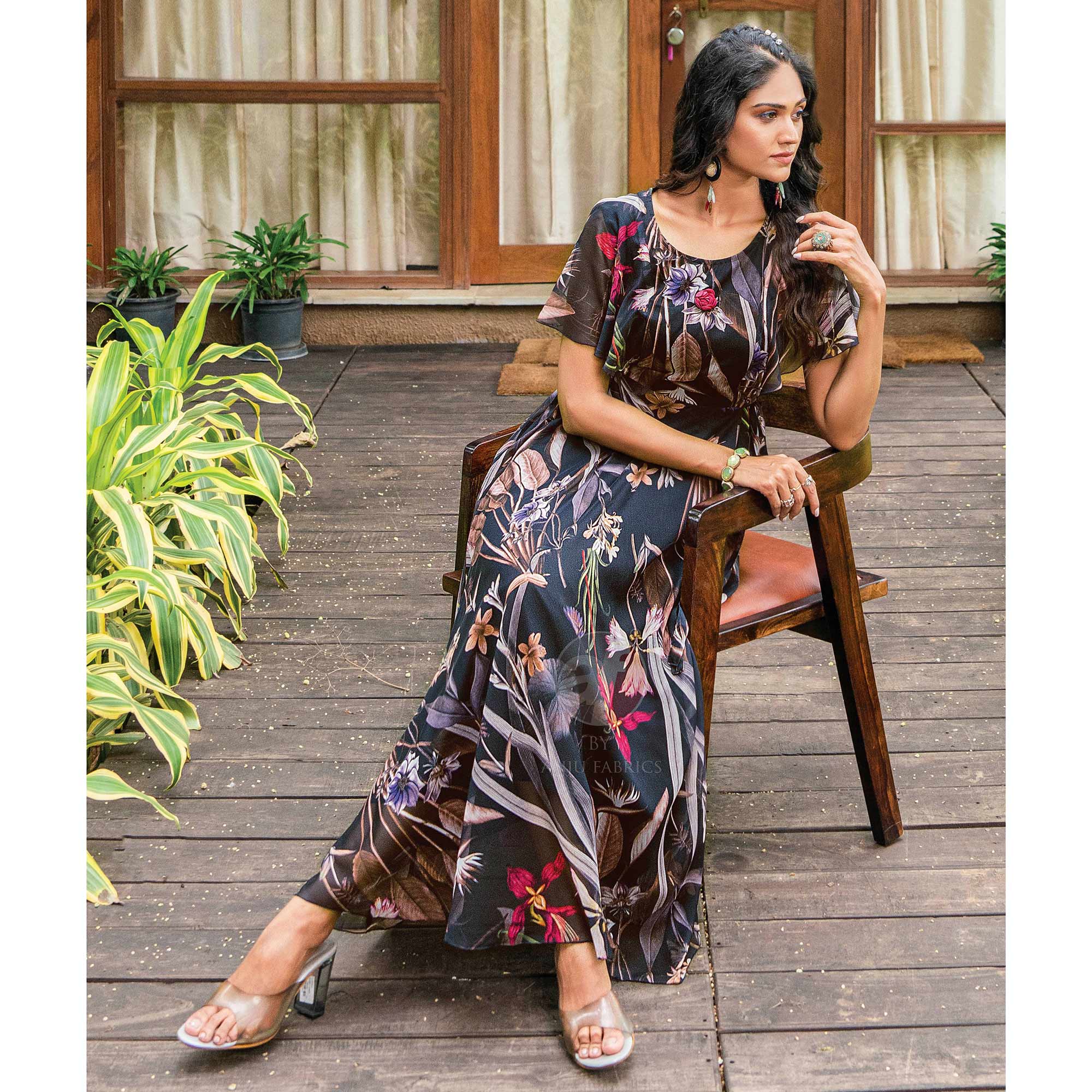 Black Digital Floral Printed Chiffon Dress