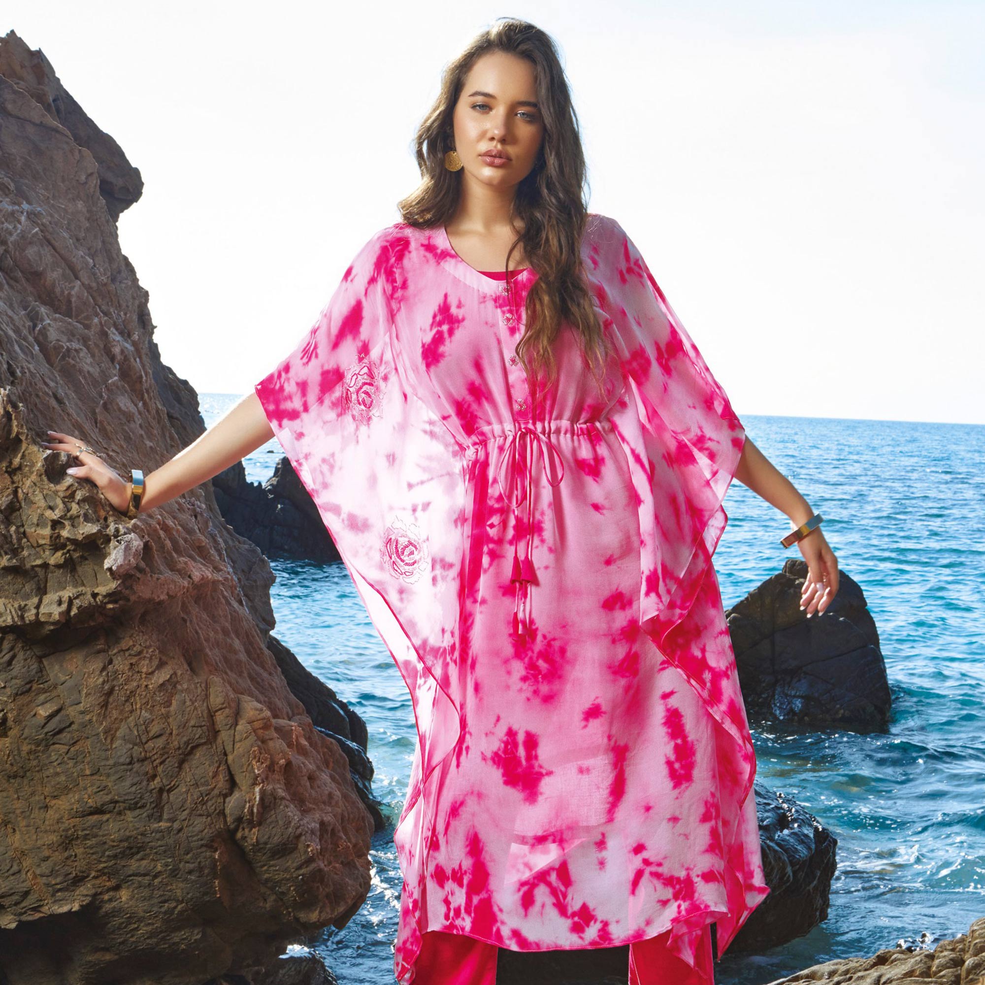 Pink Printed With Handwor Georgette Kaftan Set