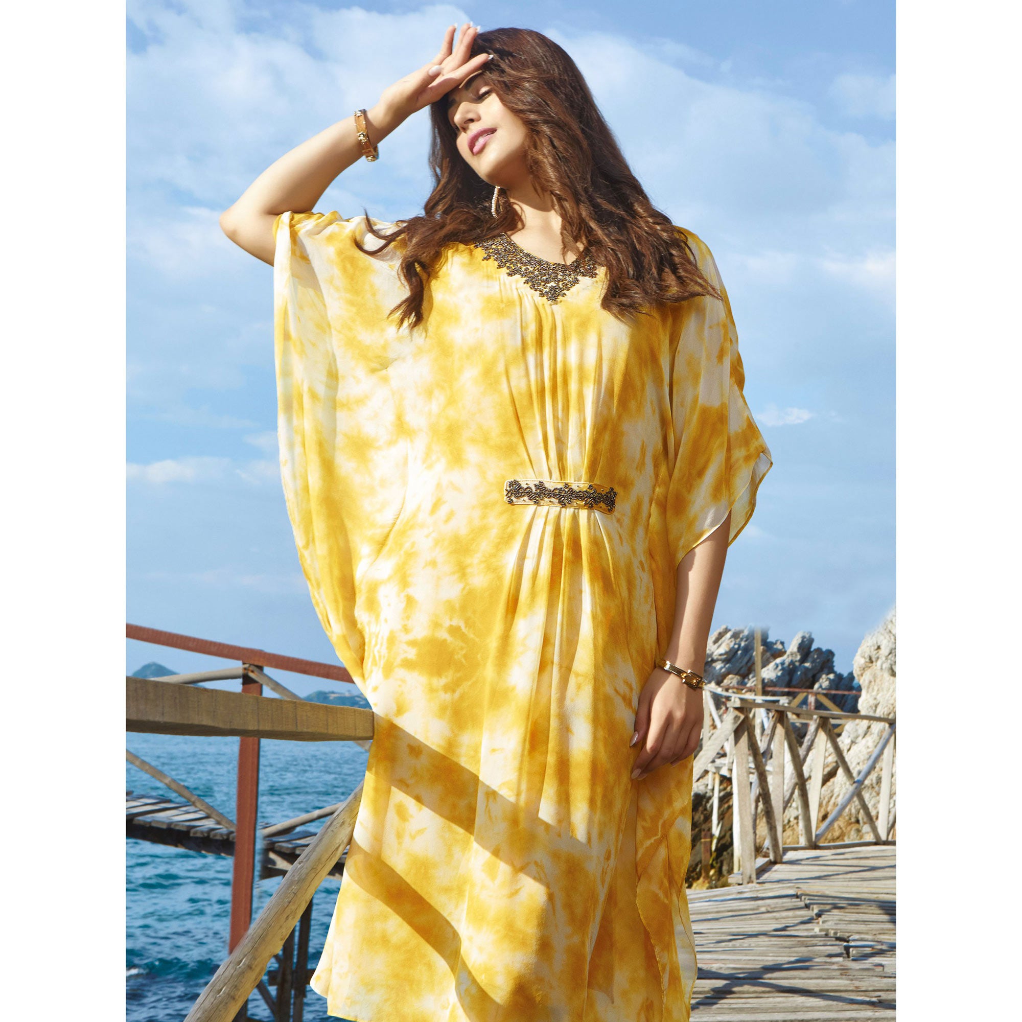 Yellow Printed With Handwor Georgette Kaftan Set