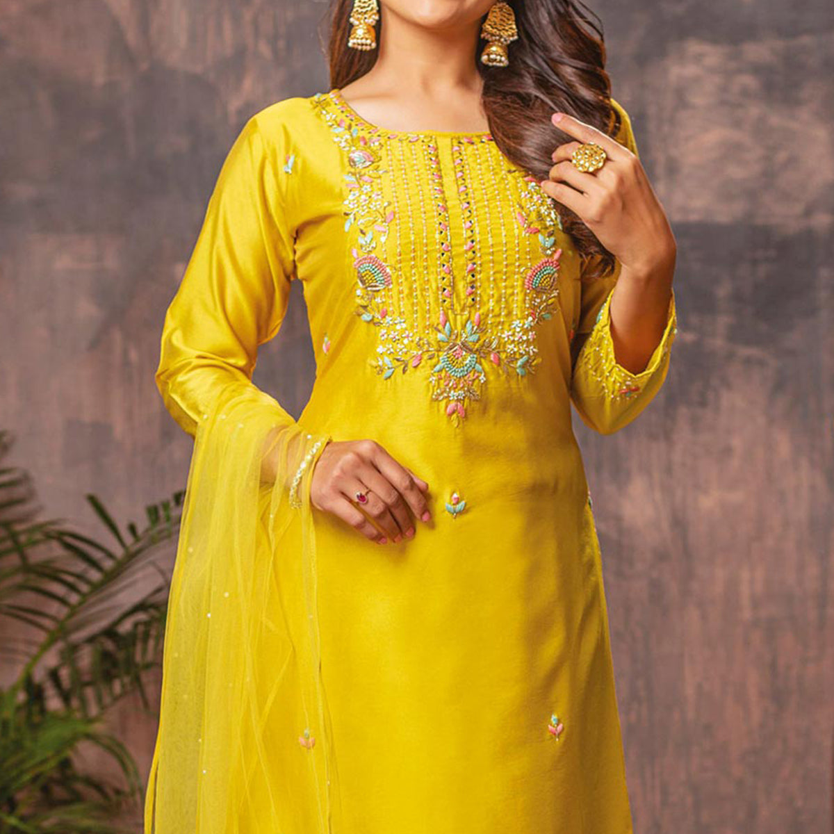 Yellow Floral Embroidered Chanderi Suit
