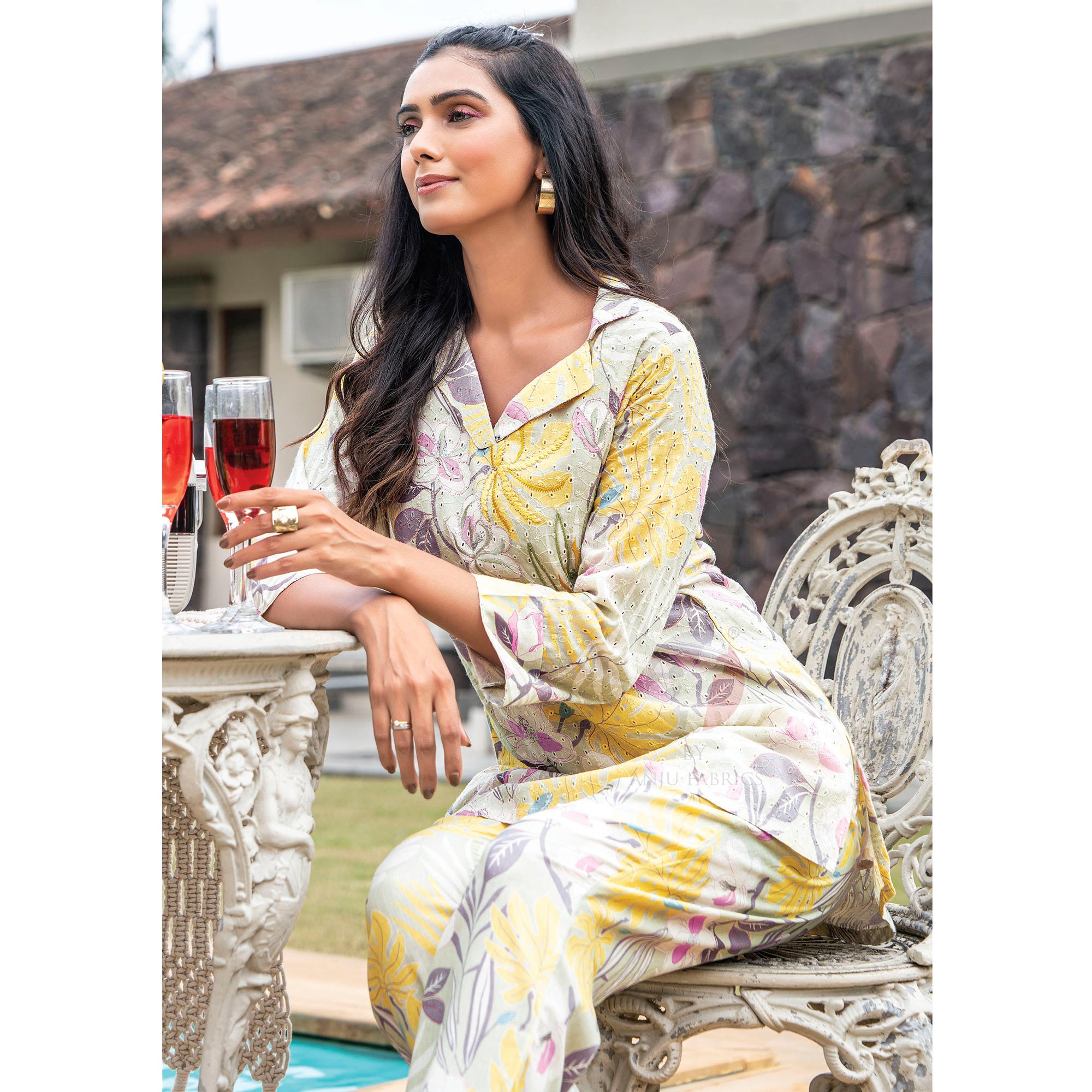 Grey & Yellow Floral Printed Pure Cotton Co Ord Set