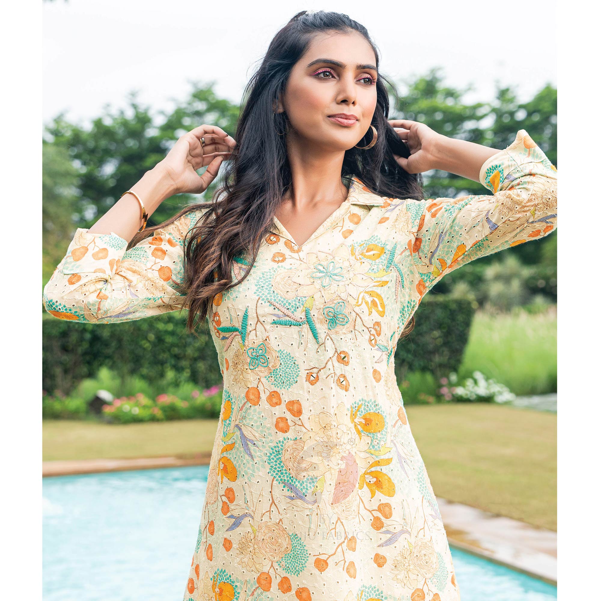 Cream & Orange Floral Printed Pure Cotton Co Ord Set