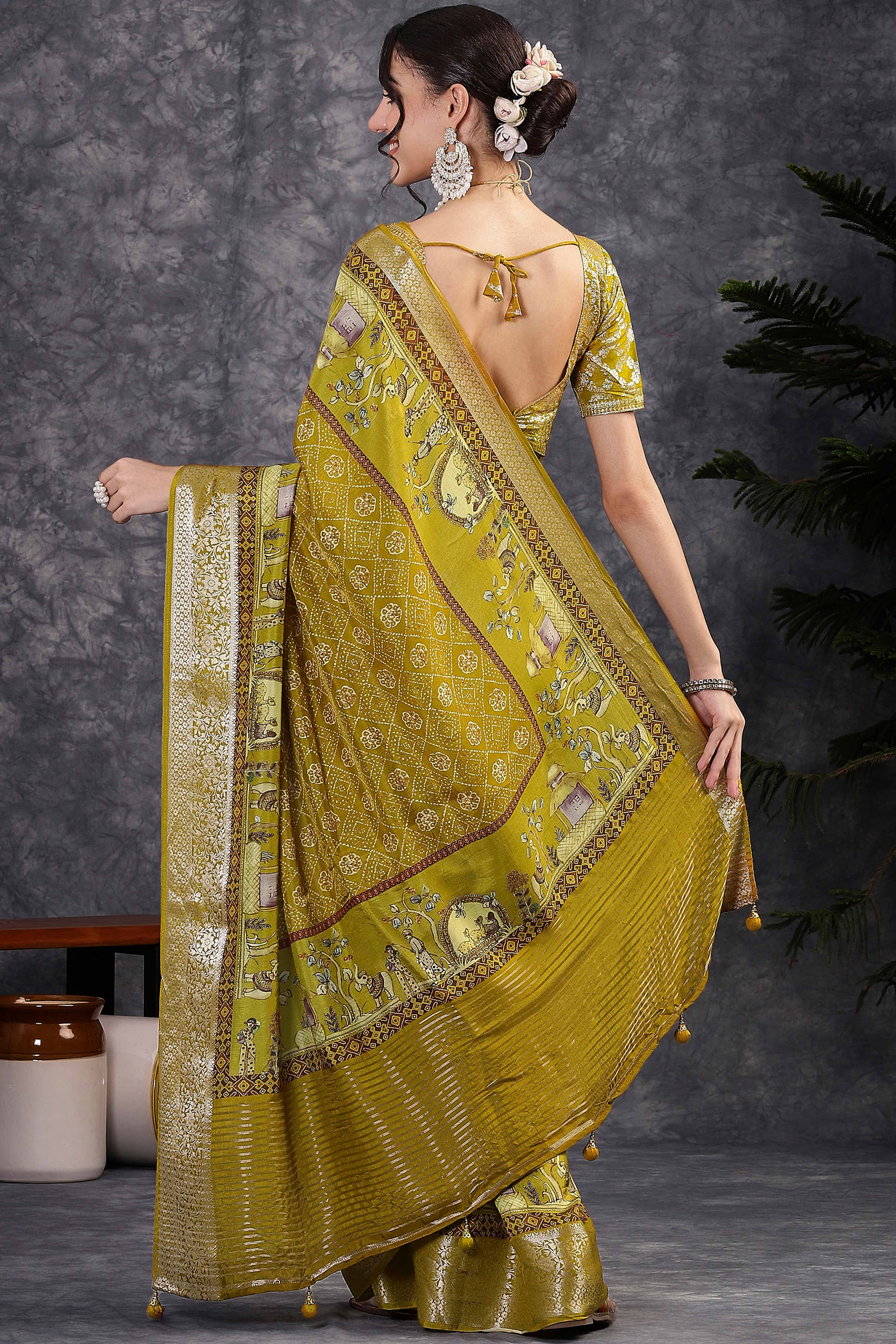 Green Artistic Print Saree in Dola Silk with Woven Border