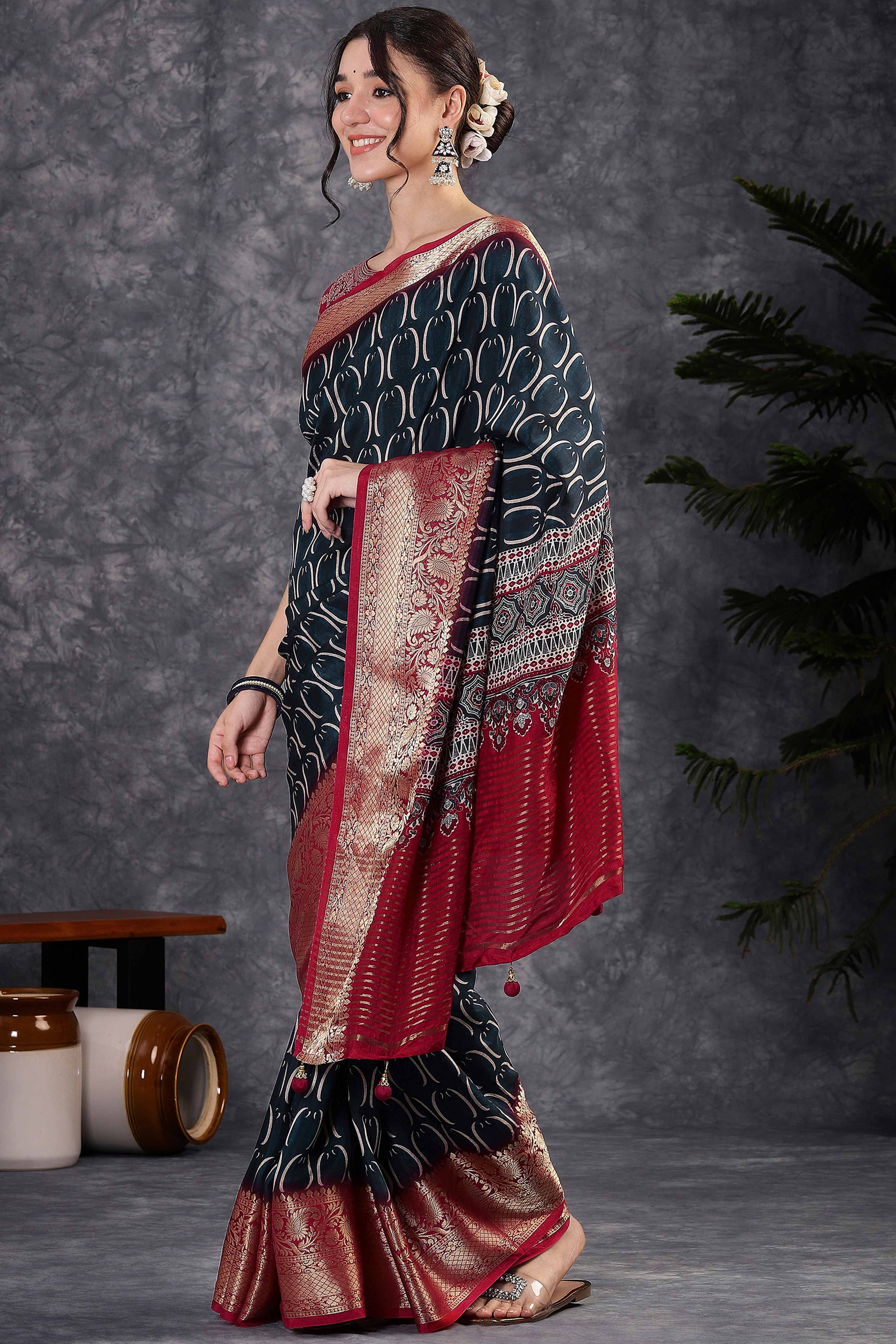 Black Artistic Print Saree in Dola Silk with Woven Border