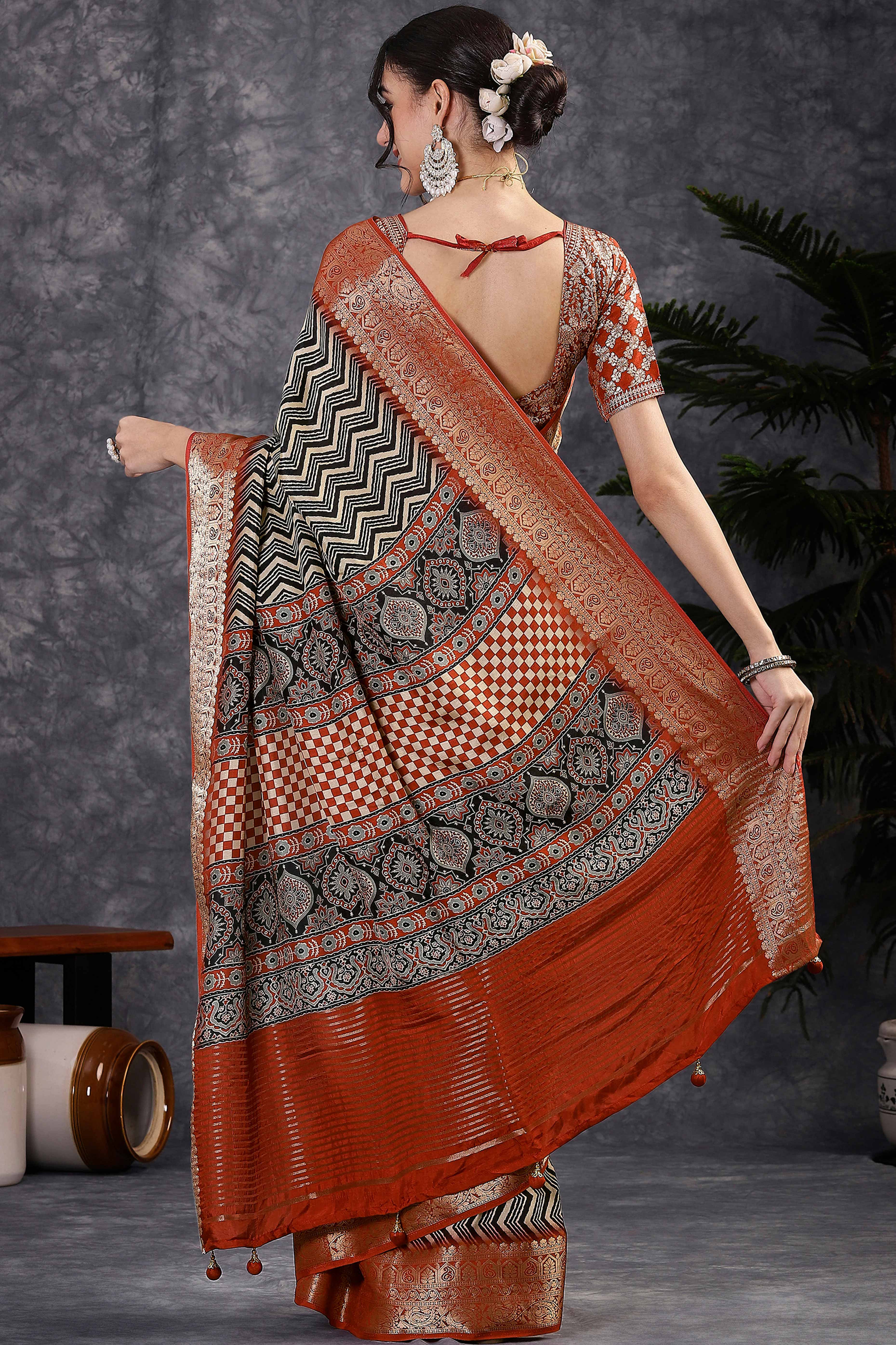 Off White & Black Dola Silk Saree Featuring Abstract Print & Jacquard Border