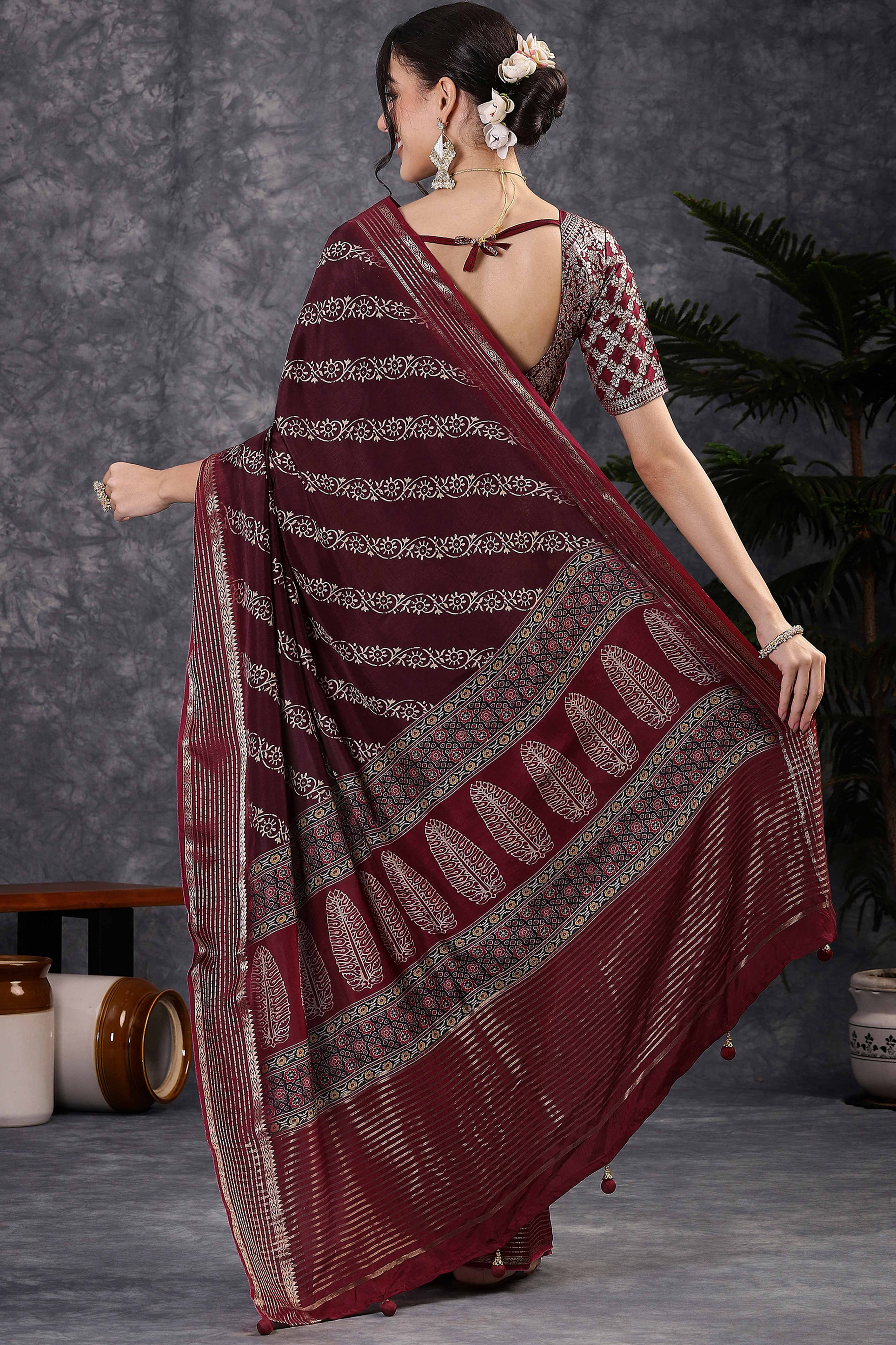 Abstract Pattern Dola Silk Saree in Wine with Jacquard Detailing