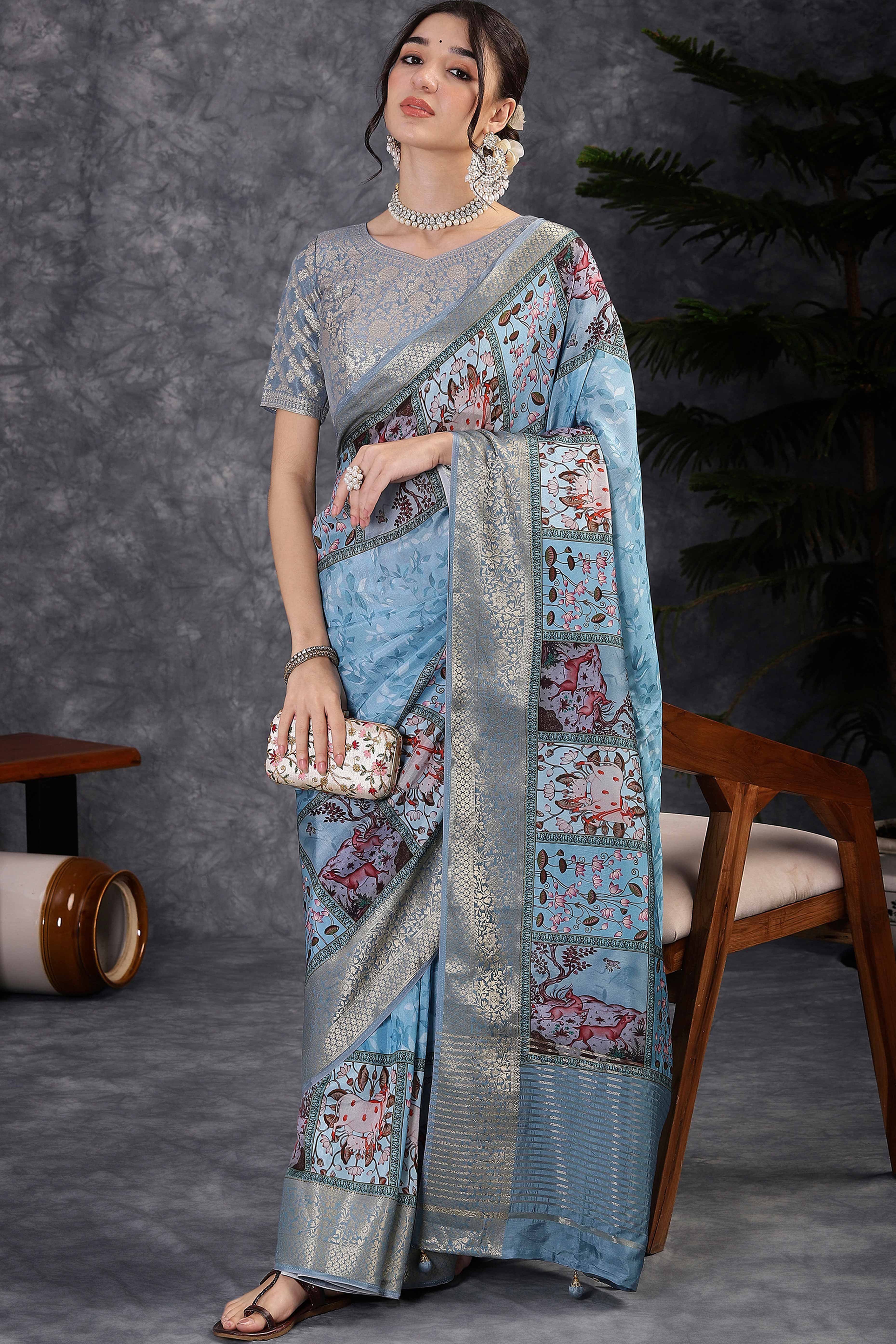 Abstract Pattern Dola Silk Saree in Sky Blue with Jacquard Detailing