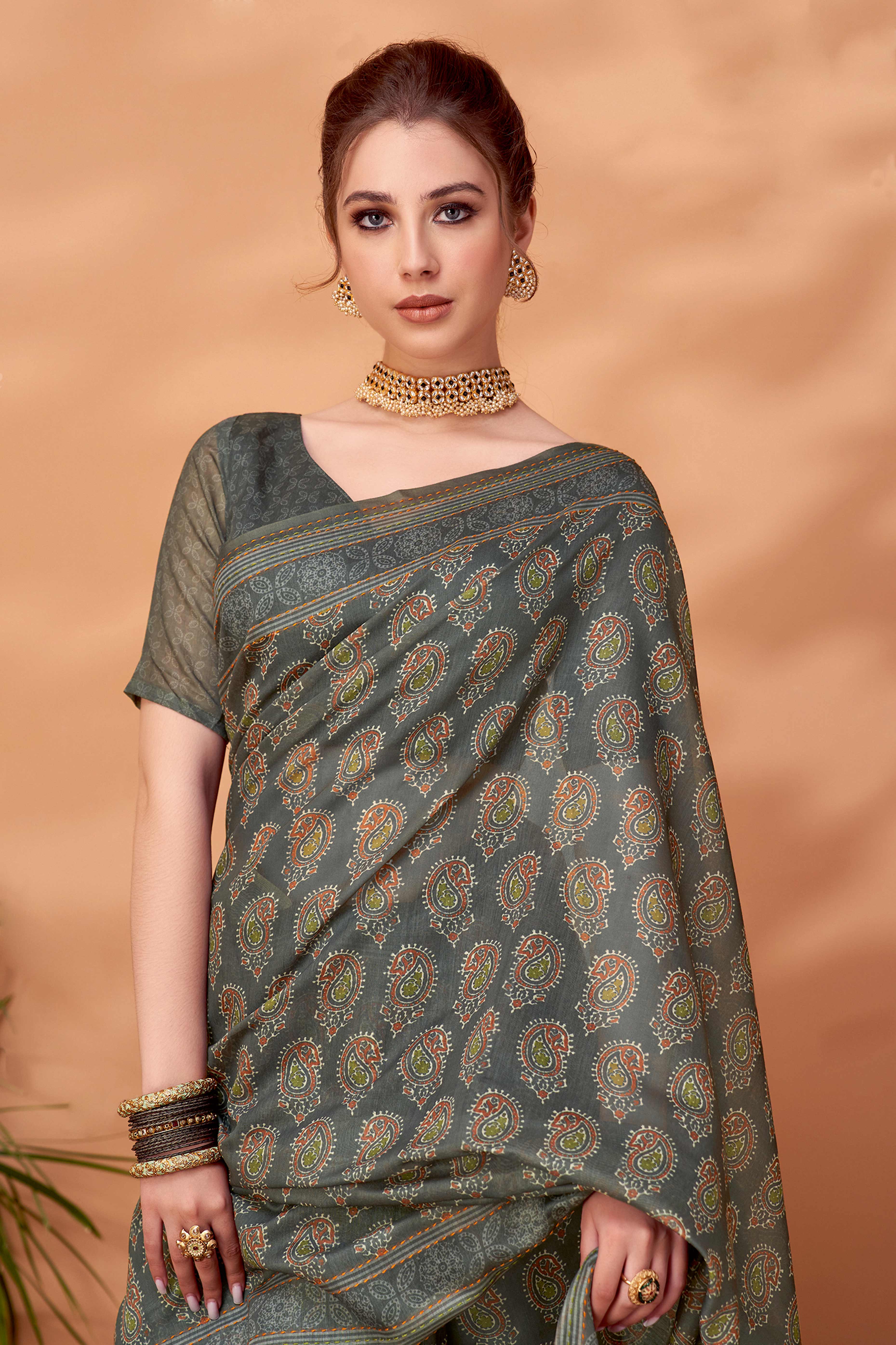 12Grey Handfeel Cotton Silk Saree Adorned with Traditional Ajrakh Motifs