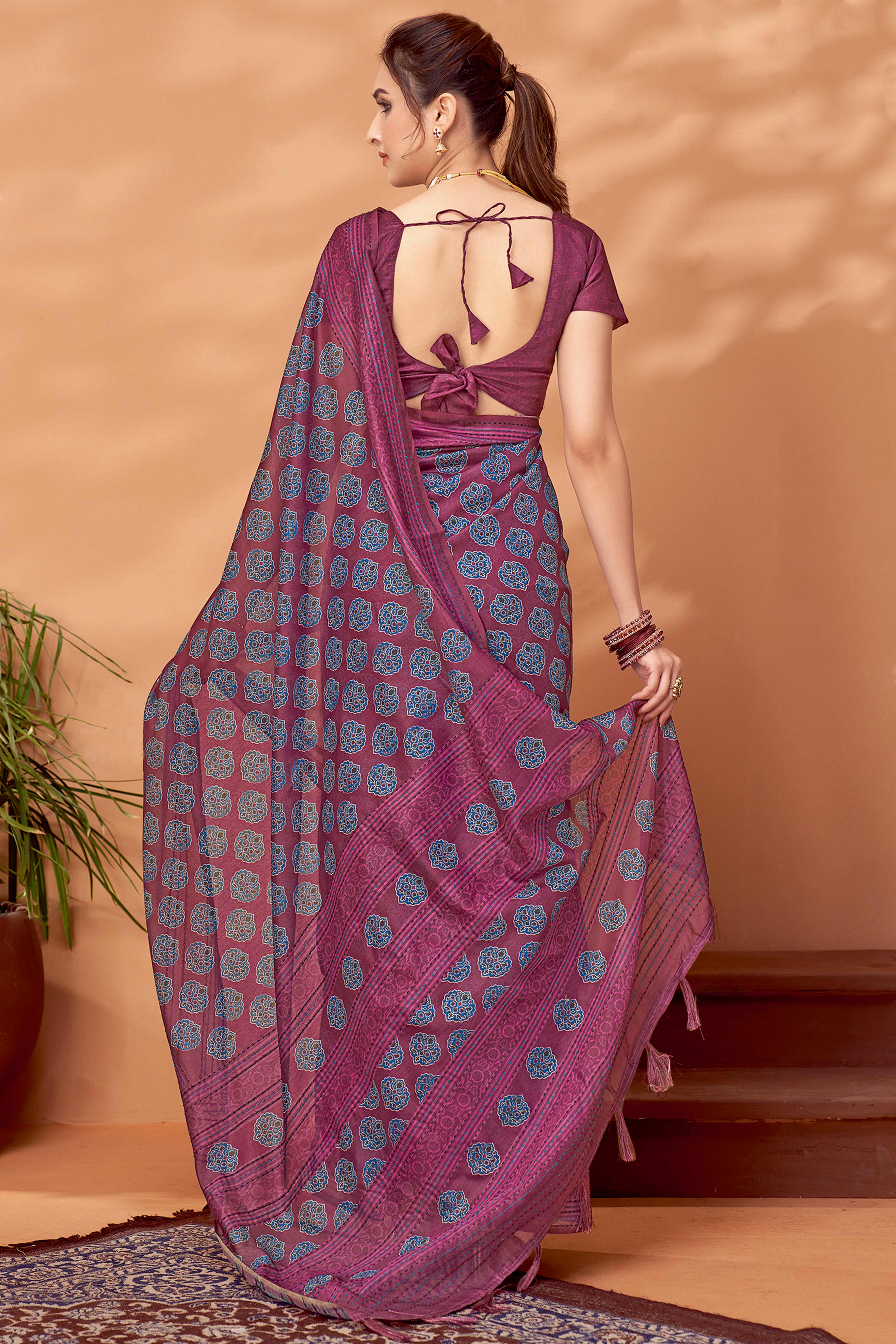 Wine Handfeel Cotton Silk Saree Adorned with Traditional Ajrakh Motifs