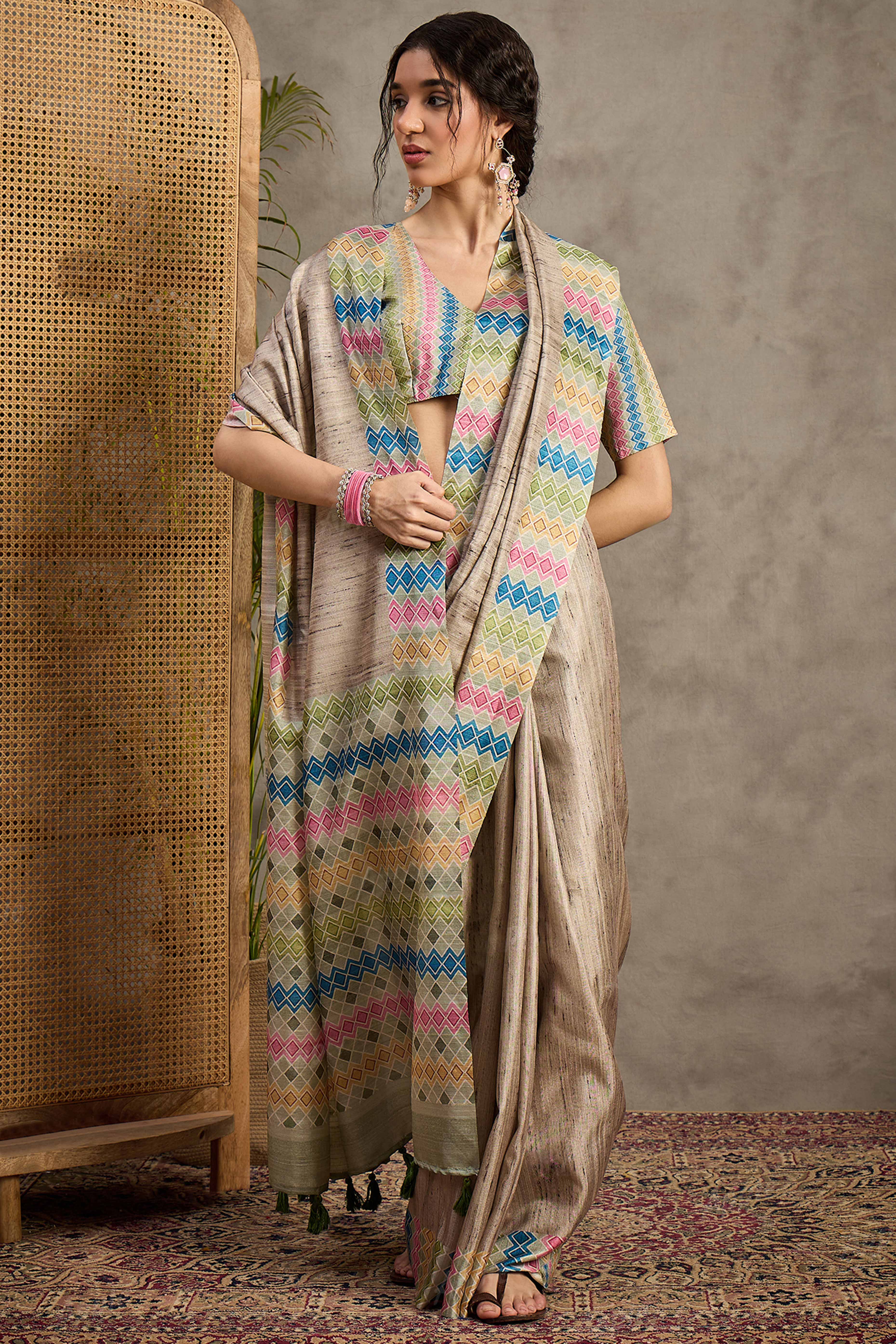 Subtle Grace Beige Woven Cotton Silk Saree with Ethnic Touch