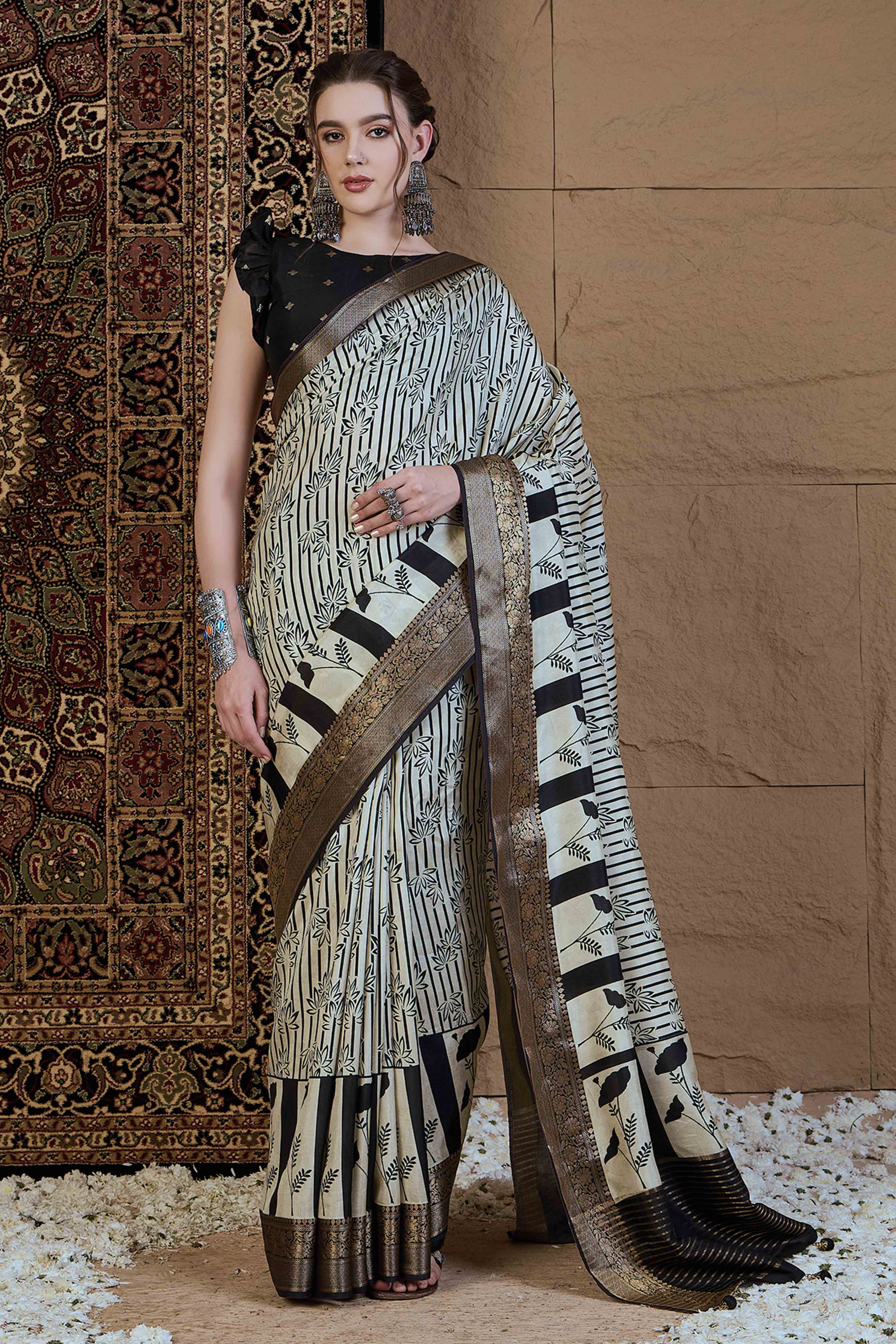 Off White & Black Floral Printed Viscose Saree