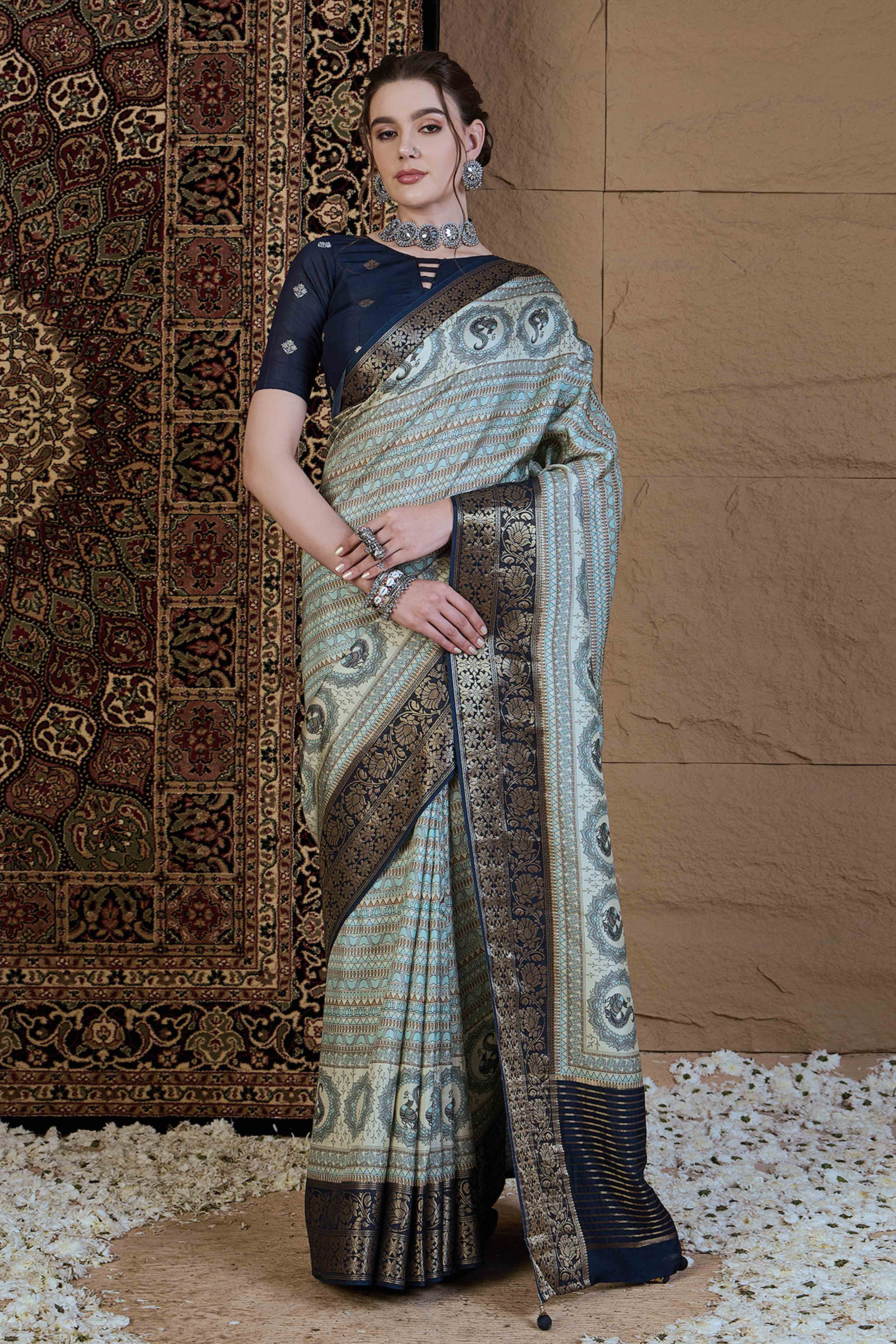 Sky Blue Floral Printed Viscose Saree