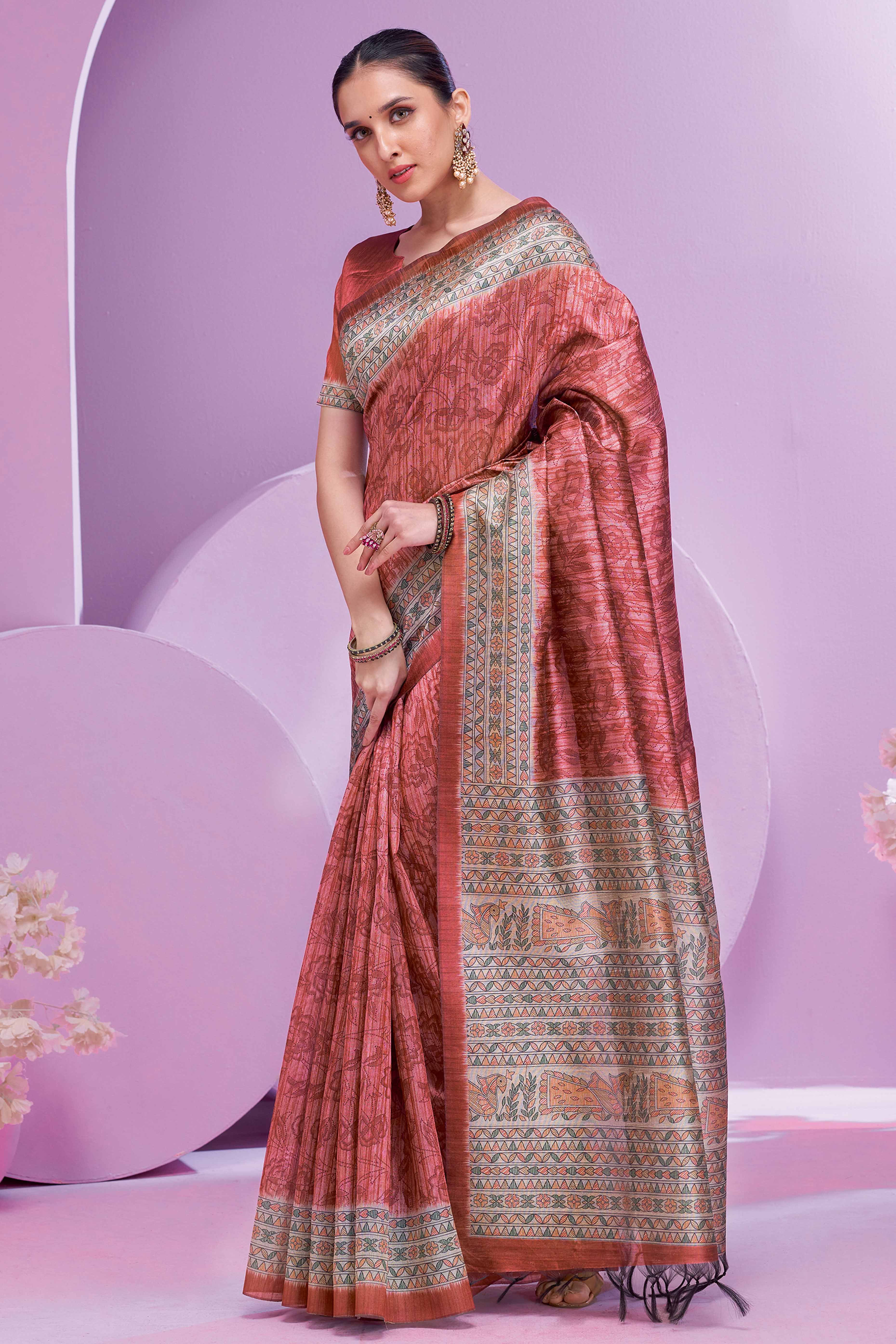 Rustic Red Ethnic Cotton Silk Saree Adorned with Madhubani Florals Print