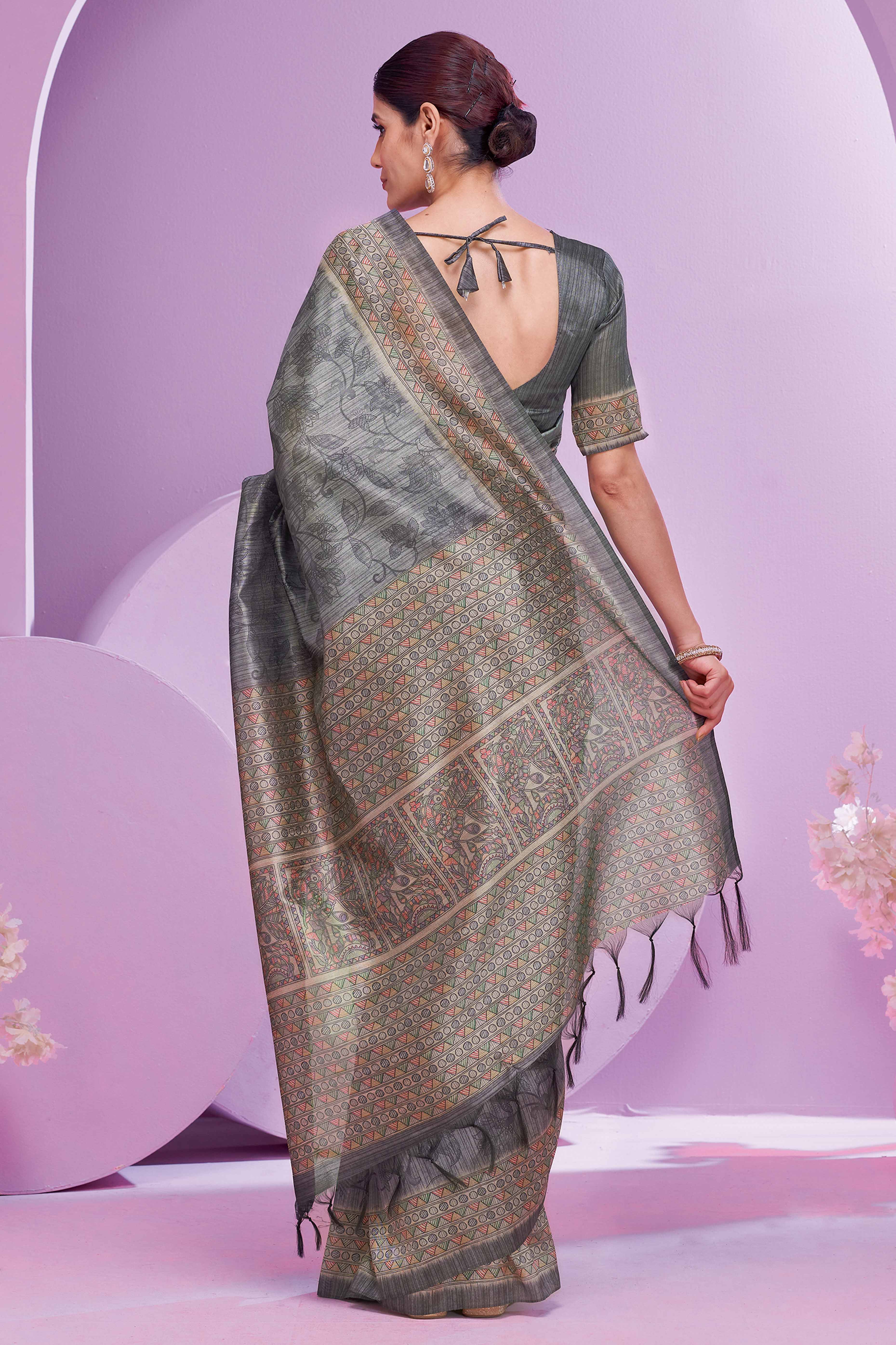 Grey Ethnic Cotton Silk Saree Adorned with Madhubani Florals Print